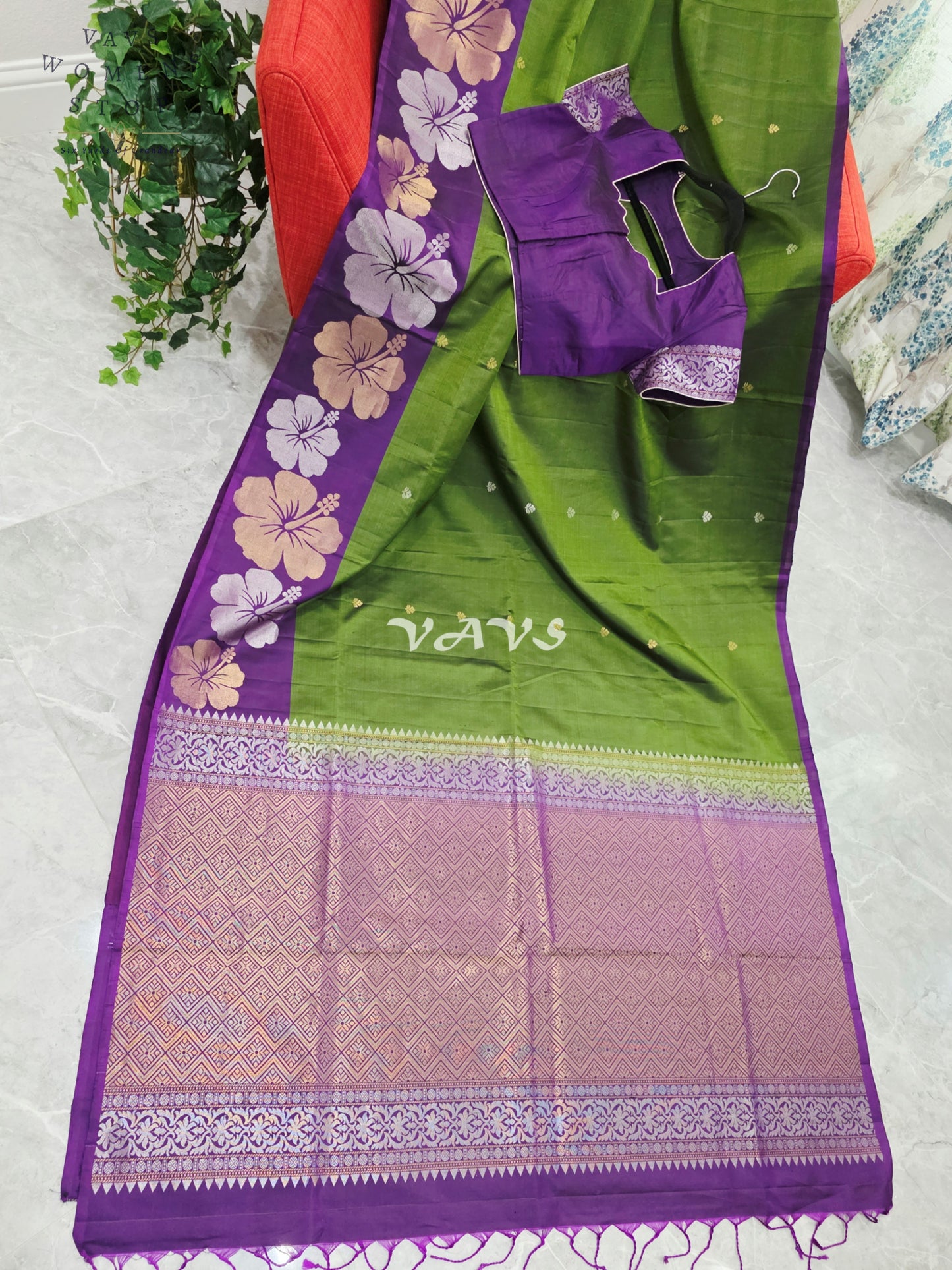 Royal Olive Moss Green Pure Kanchi Soft Silk Saree with Lavender Orchid Floral Border & Stitched Blouse Size 38-44