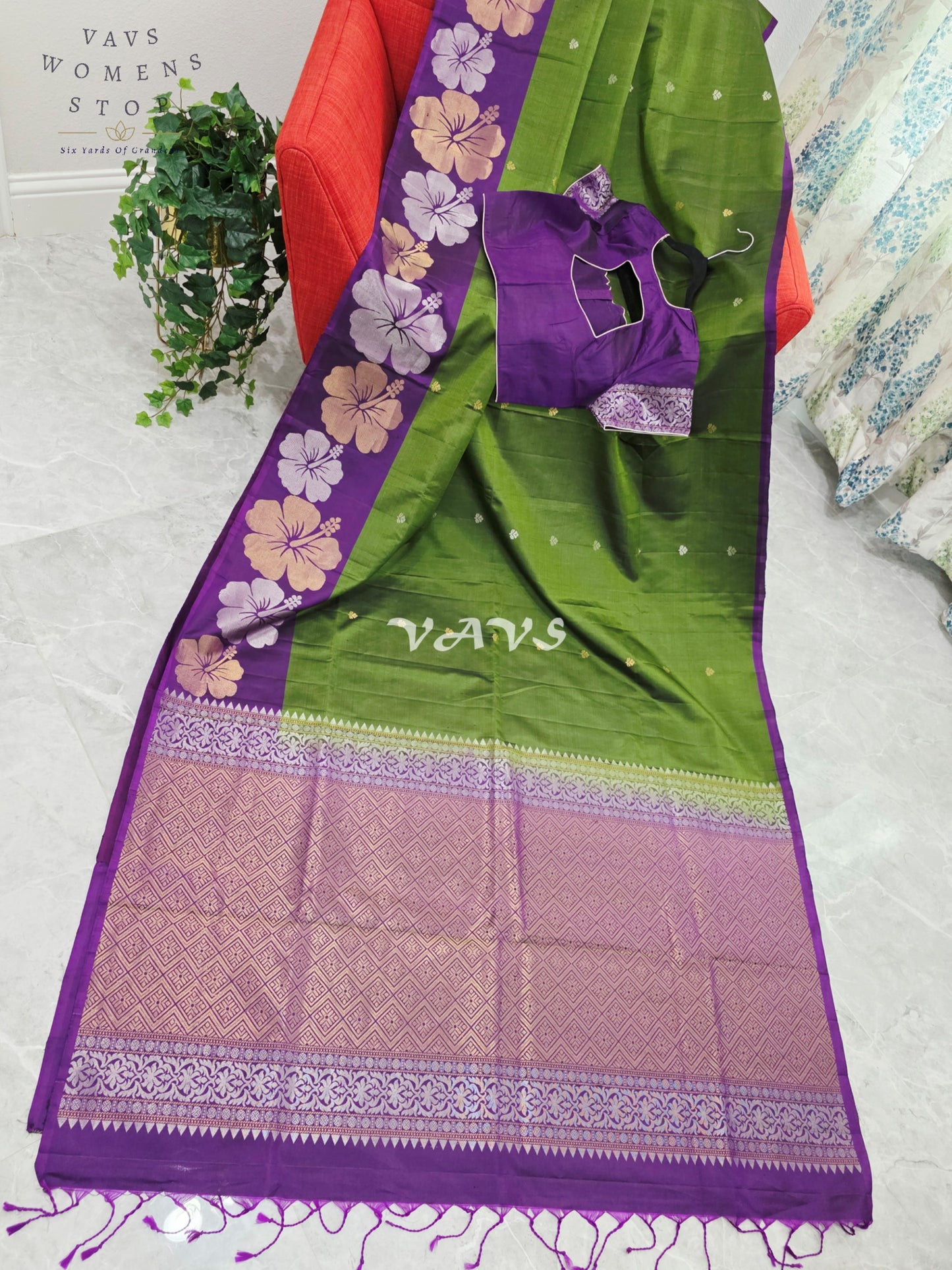 Royal Olive Moss Green Pure Kanchi Soft Silk Saree with Lavender Orchid Floral Border & Stitched Blouse Size 38-44