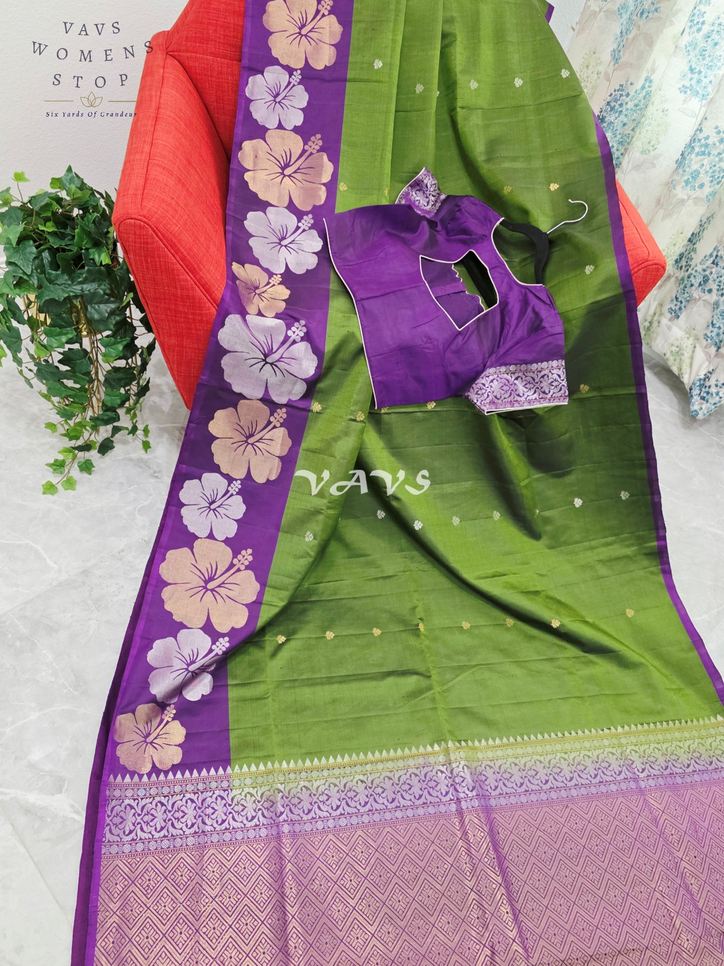 Royal Olive Moss Green Pure Kanchi Soft Silk Saree with Lavender Orchid Floral Border & Stitched Blouse Size 38-44