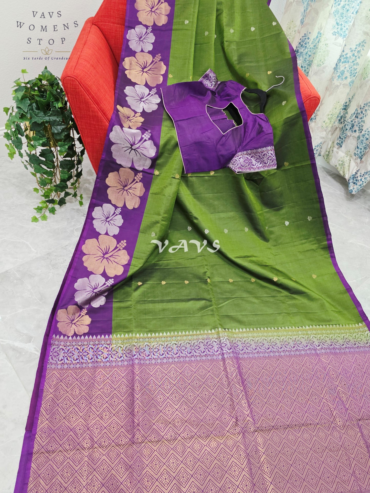 Royal Olive Moss Green Pure Kanchi Soft Silk Saree with Lavender Orchid Floral Border & Stitched Blouse Size 38-44