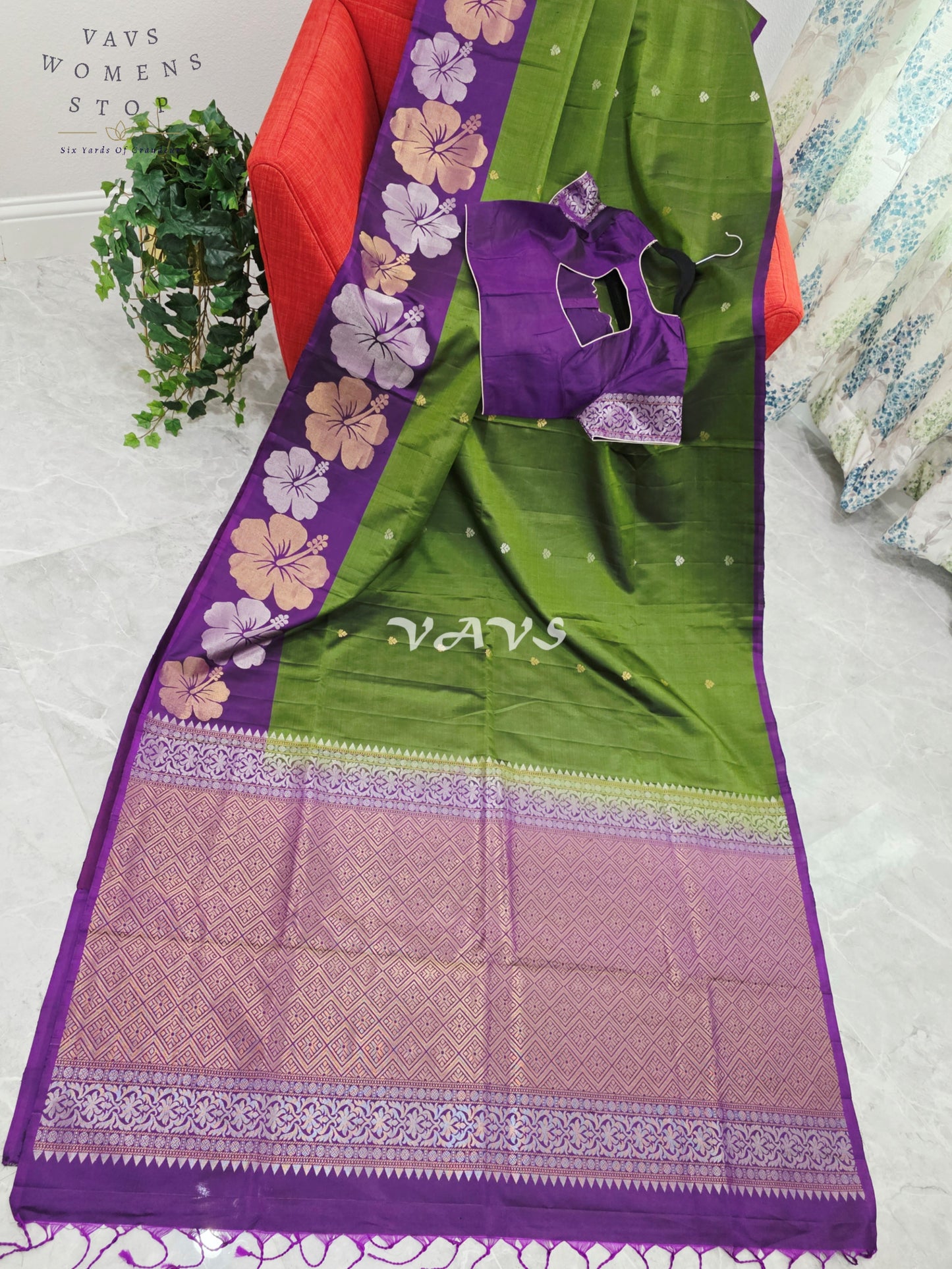 Royal Olive Moss Green Pure Kanchi Soft Silk Saree with Lavender Orchid Floral Border & Stitched Blouse Size 38-44