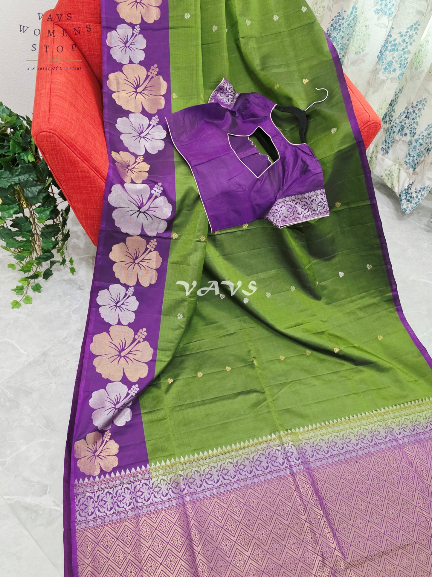 Royal Olive Moss Green Pure Kanchi Soft Silk Saree with Lavender Orchid Floral Border & Stitched Blouse Size 38-44