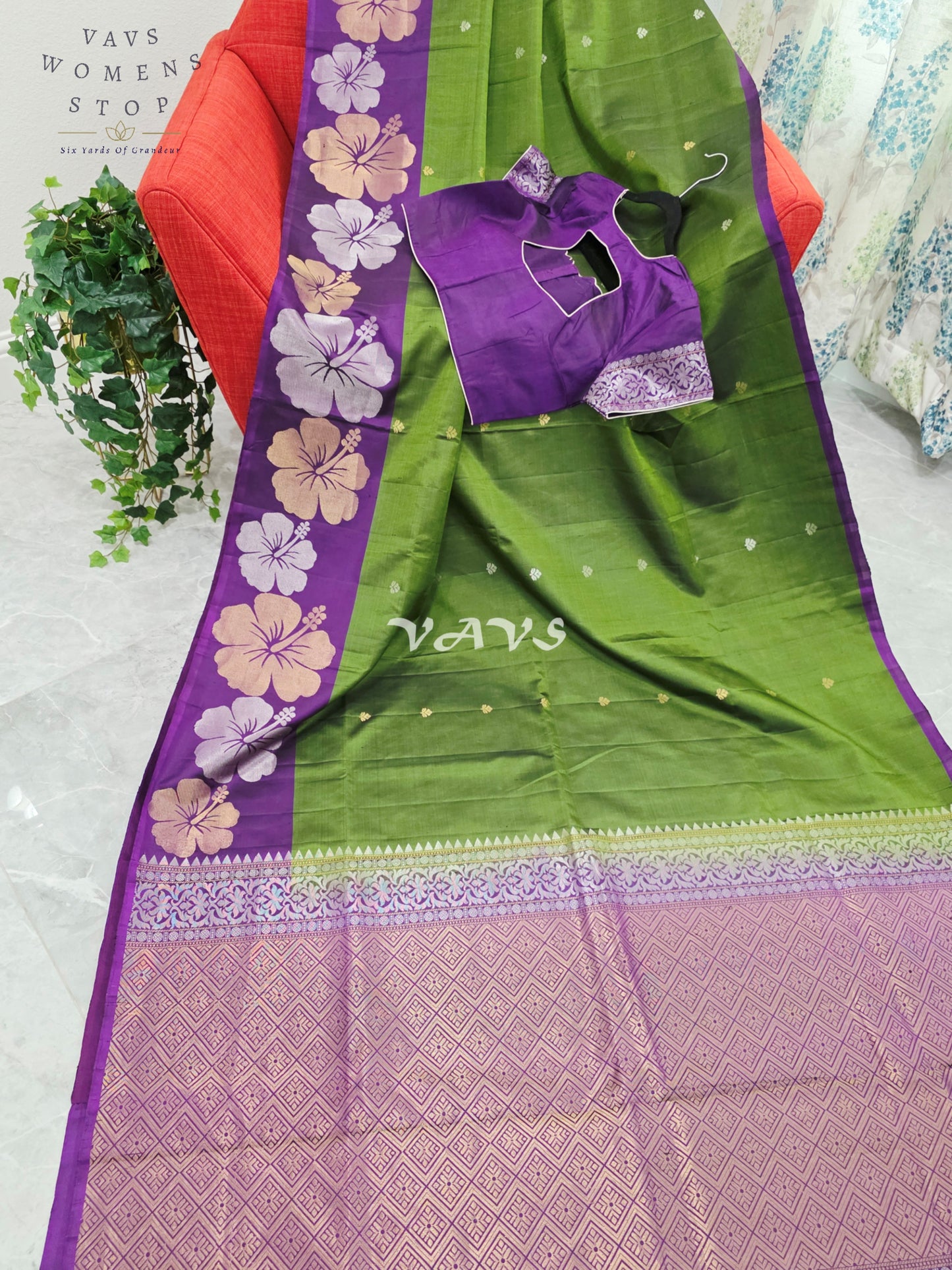 Royal Olive Moss Green Pure Kanchi Soft Silk Saree with Lavender Orchid Floral Border & Stitched Blouse Size 38-44