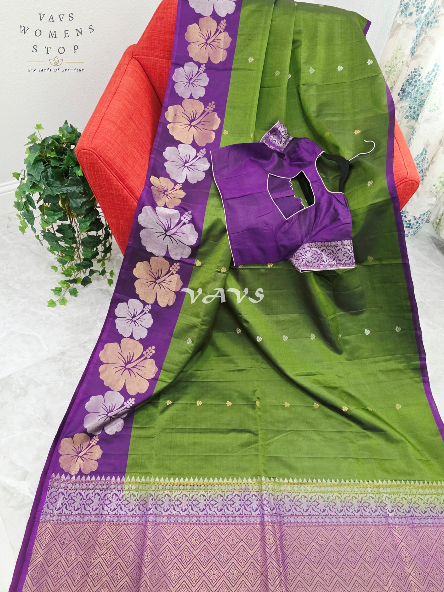 Royal Olive Moss Green Pure Kanchi Soft Silk Saree with Lavender Orchid Floral Border & Stitched Blouse Size 38-44