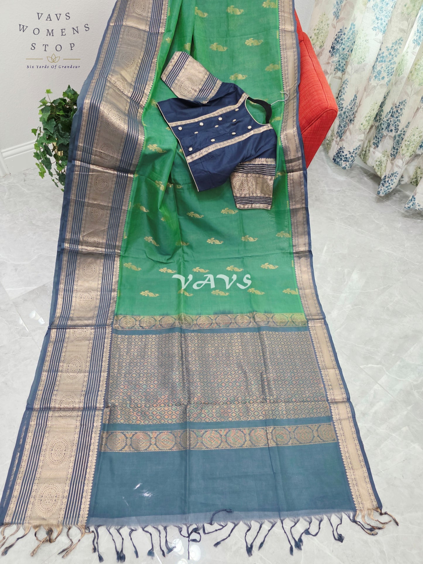 Royal Emerald Green Mangalagiri Pattu Silk Cotton Saree with Antique Navy Zari Border & Designer Blouse Size 40-46