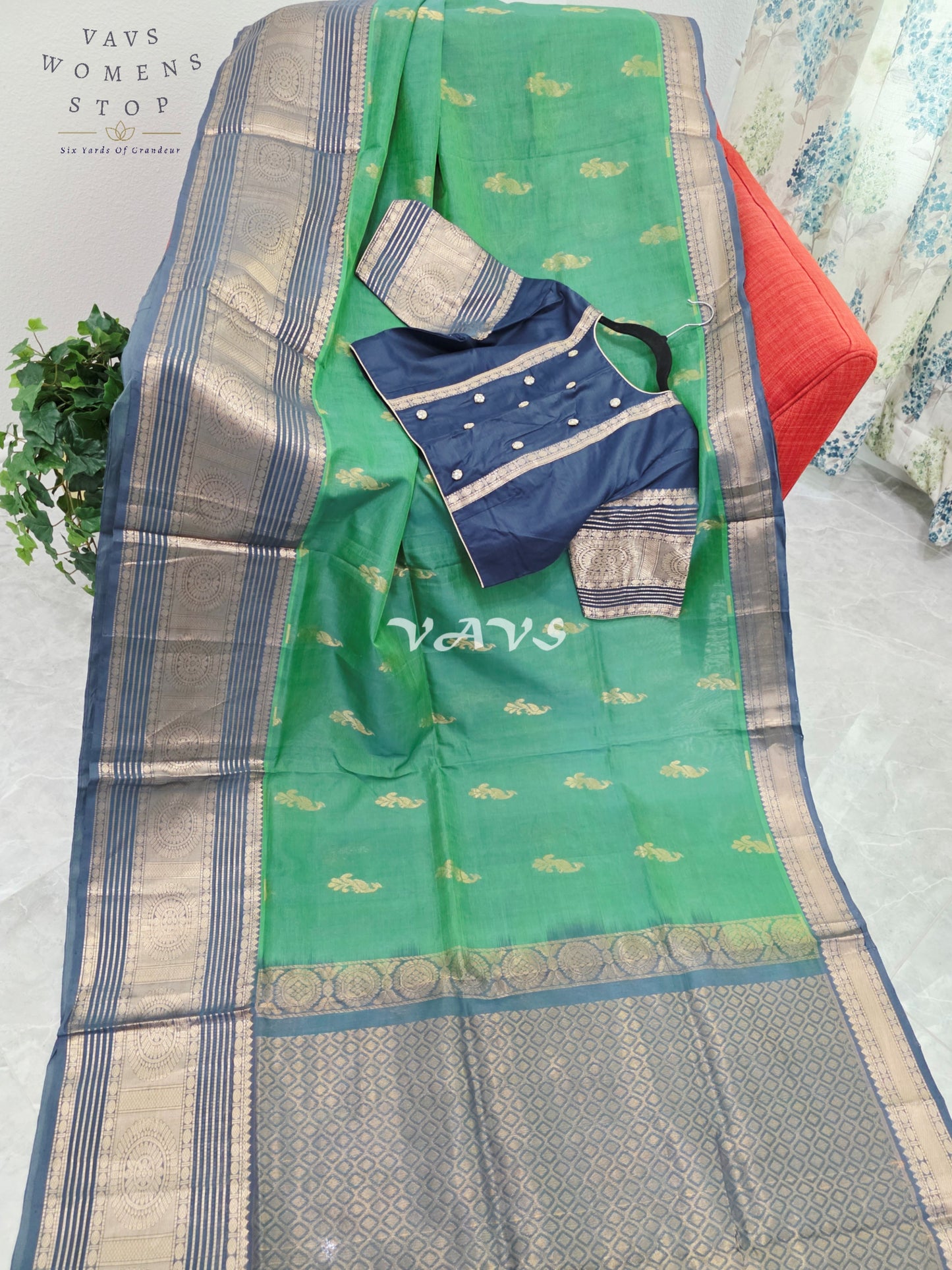 Royal Emerald Green Mangalagiri Pattu Silk Cotton Saree with Antique Navy Zari Border & Designer Blouse Size 40-46