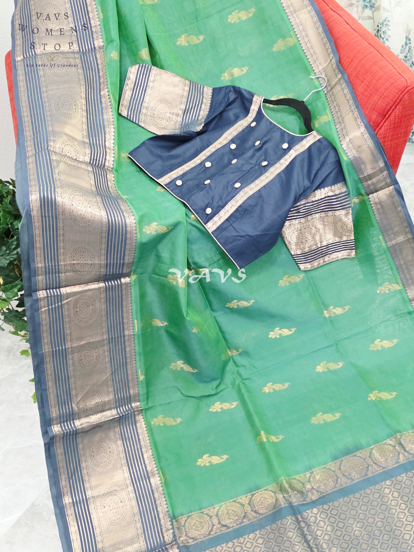 Royal Emerald Green Mangalagiri Pattu Silk Cotton Saree with Antique Navy Zari Border & Designer Blouse Size 40-46