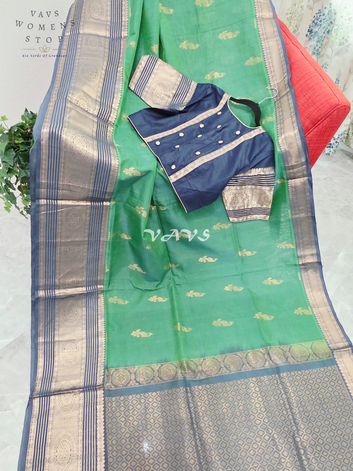Royal Emerald Green Mangalagiri Pattu Silk Cotton Saree with Antique Navy Zari Border & Designer Blouse Size 40-46
