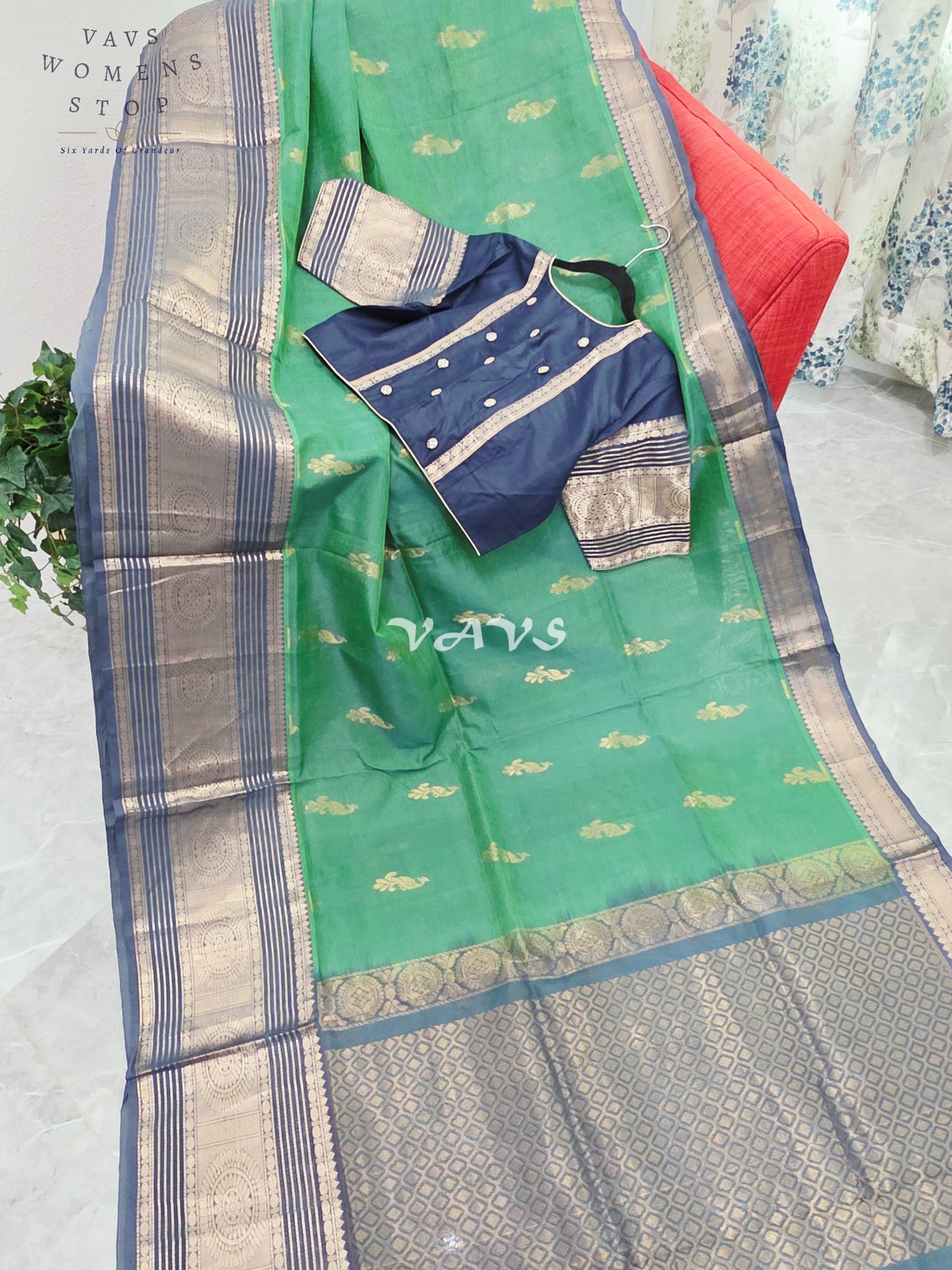 Royal Emerald Green Mangalagiri Pattu Silk Cotton Saree with Antique Navy Zari Border & Designer Blouse Size 40-46