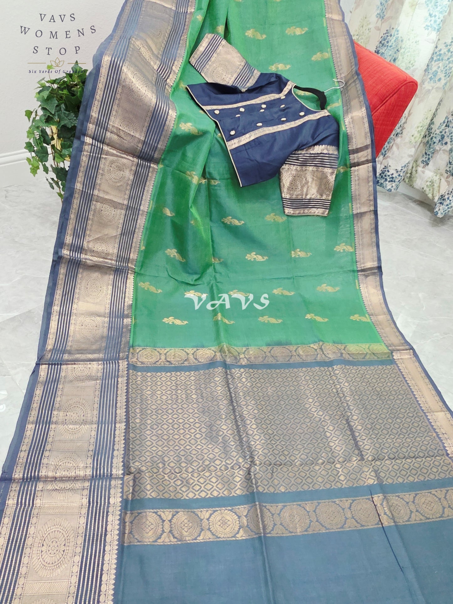 Royal Emerald Green Mangalagiri Pattu Silk Cotton Saree with Antique Navy Zari Border & Designer Blouse Size 40-46