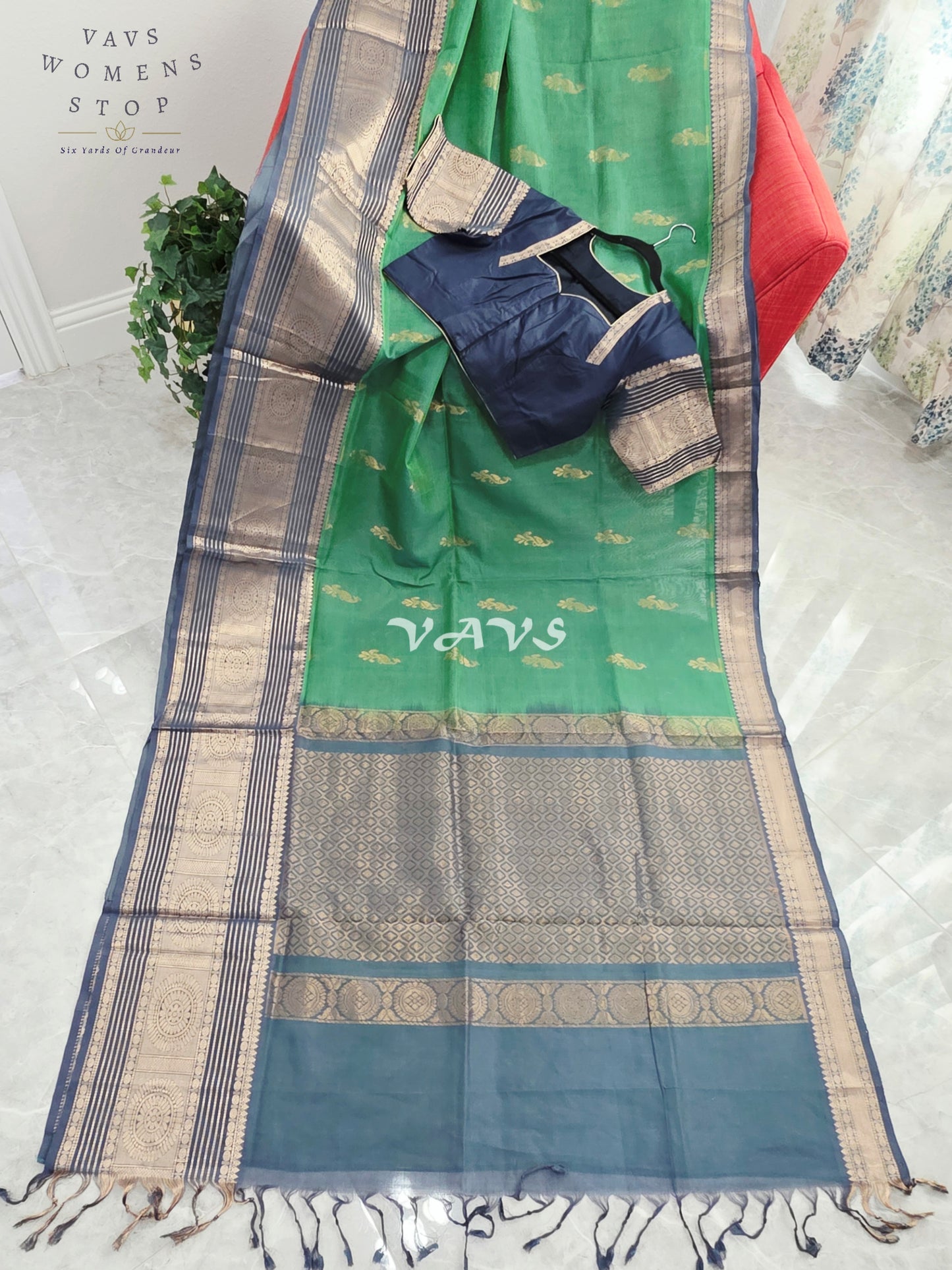 Royal Emerald Green Mangalagiri Pattu Silk Cotton Saree with Antique Navy Zari Border & Designer Blouse Size 40-46