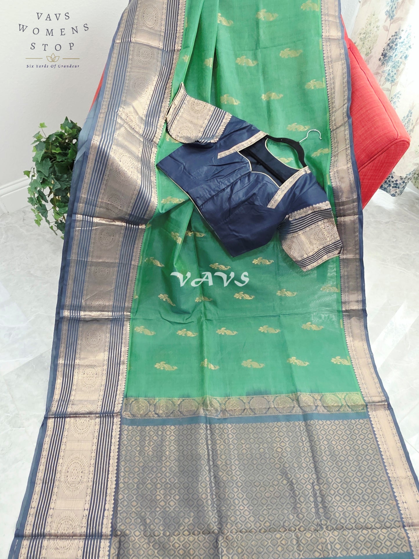 Royal Emerald Green Mangalagiri Pattu Silk Cotton Saree with Antique Navy Zari Border & Designer Blouse Size 40-46