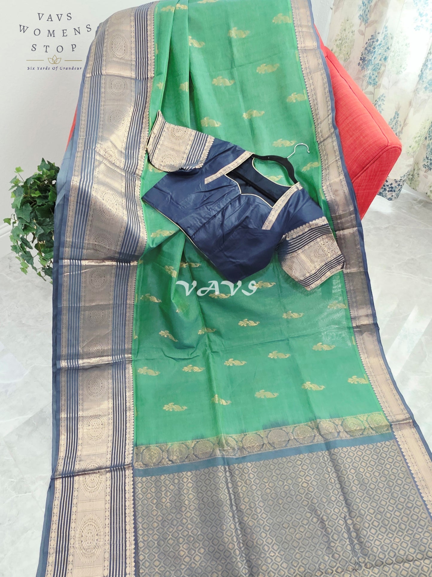 Royal Emerald Green Mangalagiri Pattu Silk Cotton Saree with Antique Navy Zari Border & Designer Blouse Size 40-46