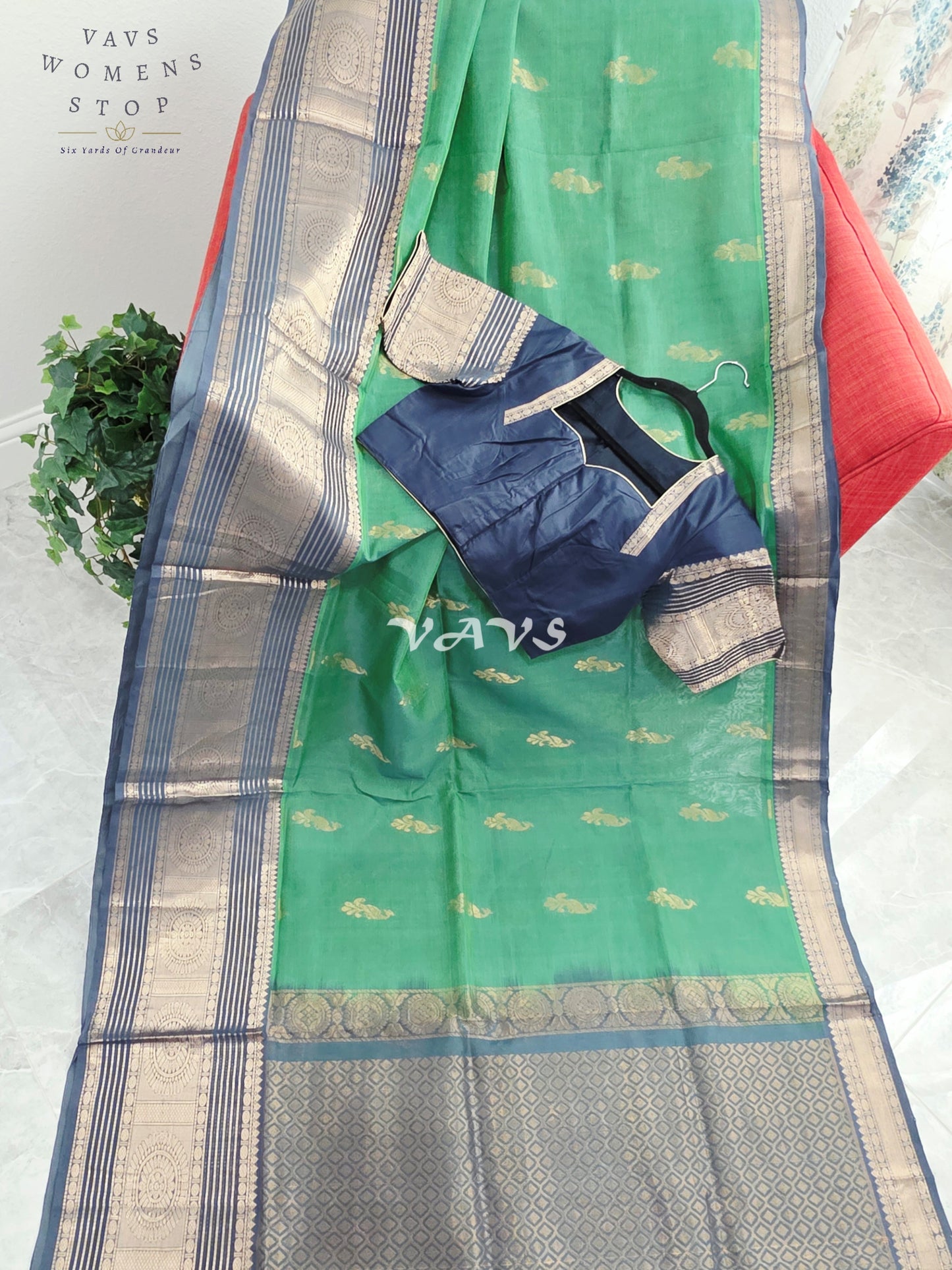 Royal Emerald Green Mangalagiri Pattu Silk Cotton Saree with Antique Navy Zari Border & Designer Blouse Size 40-46