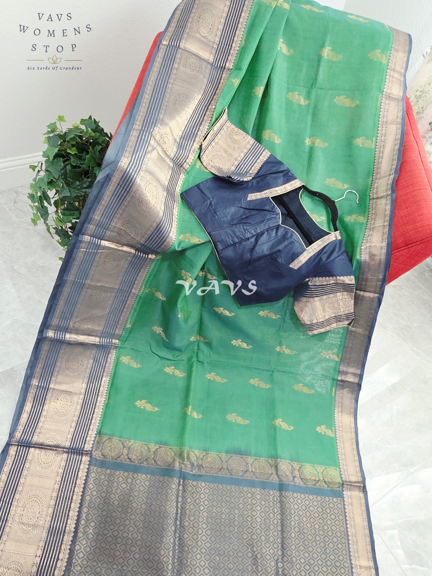 Royal Emerald Green Mangalagiri Pattu Silk Cotton Saree with Antique Navy Zari Border & Designer Blouse Size 40-46