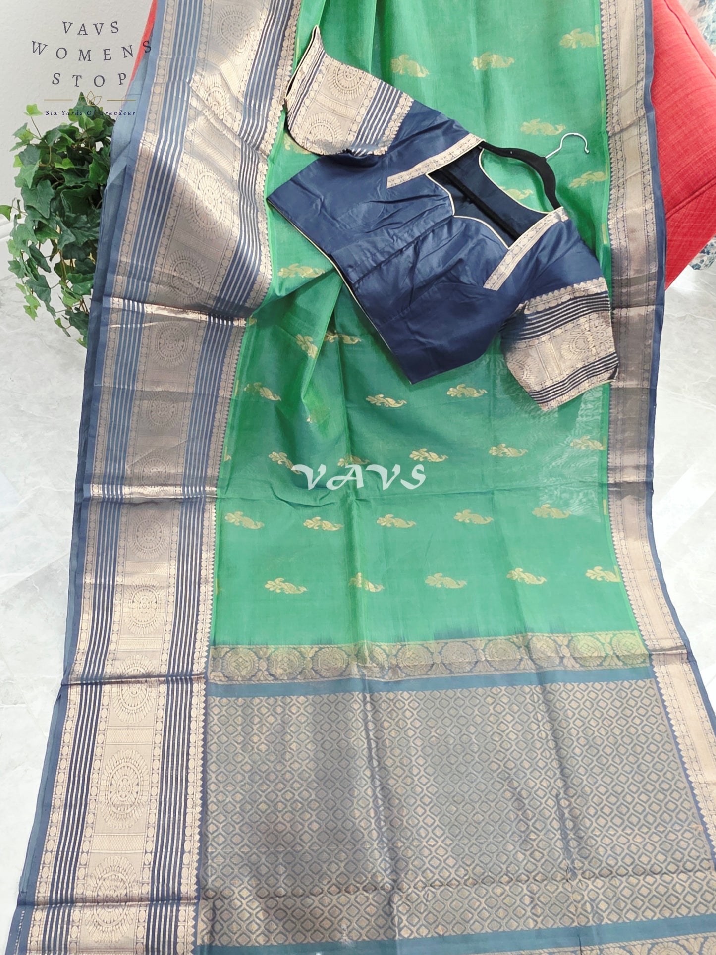 Royal Emerald Green Mangalagiri Pattu Silk Cotton Saree with Antique Navy Zari Border & Designer Blouse Size 40-46