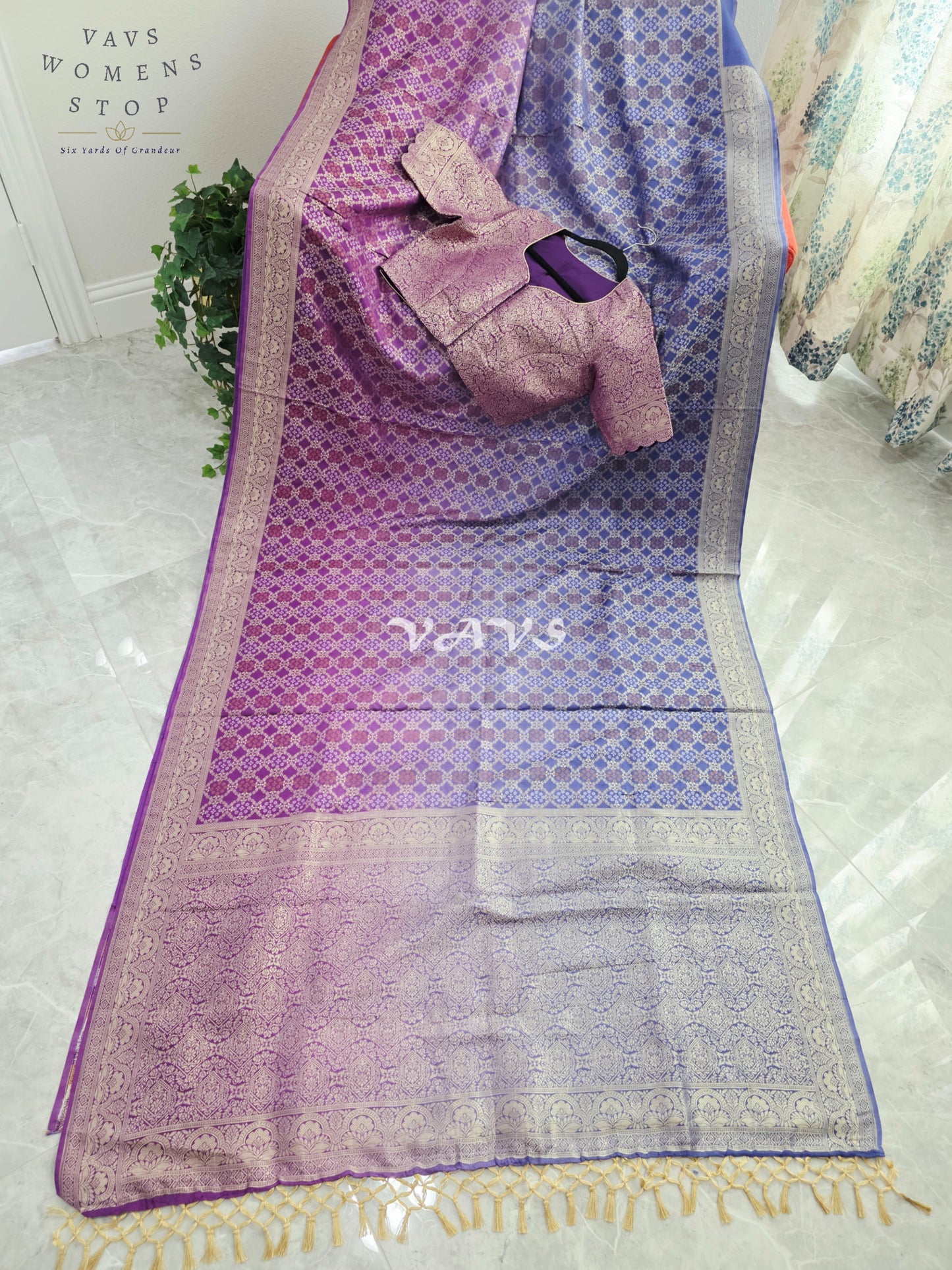 Royal Orchid Purple & Periwinkle Blue Bandhani Pattern Munga Crepe Silk Designer Saree with Stitched Blouse Size 38-44