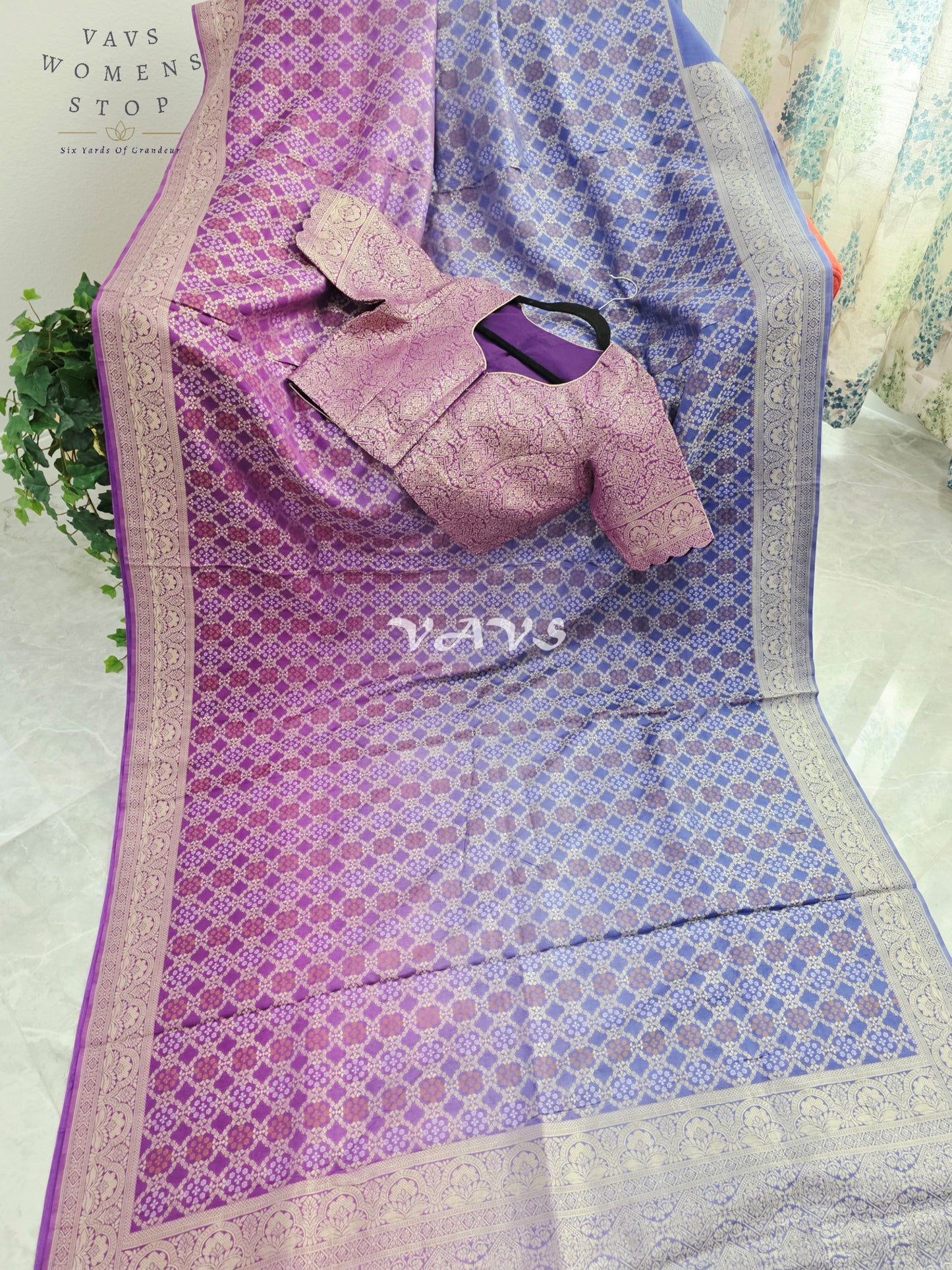 Royal Orchid Purple & Periwinkle Blue Bandhani Pattern Munga Crepe Silk Designer Saree with Stitched Blouse Size 38-44