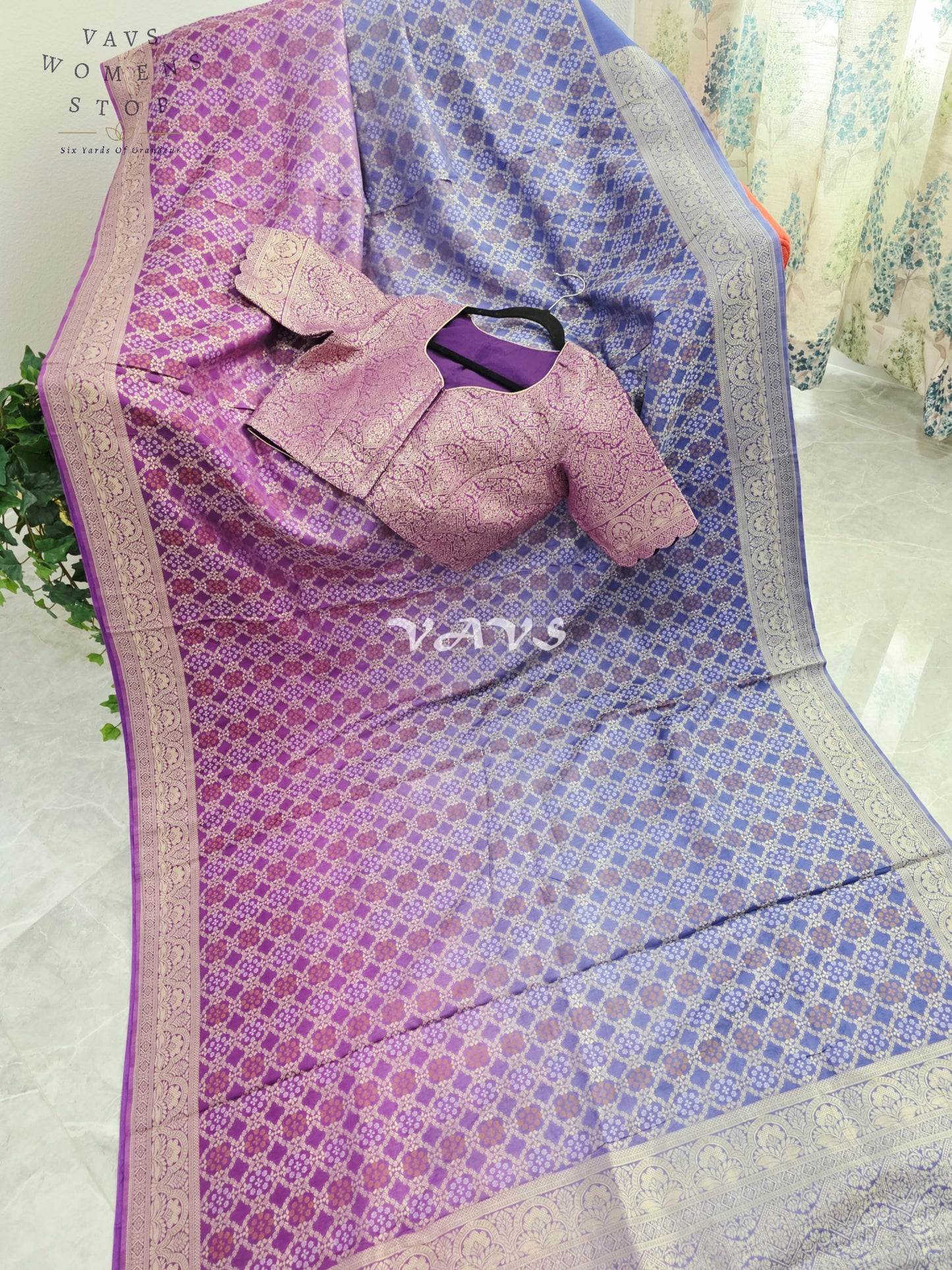 Royal Orchid Purple & Periwinkle Blue Bandhani Pattern Munga Crepe Silk Designer Saree with Stitched Blouse Size 38-44