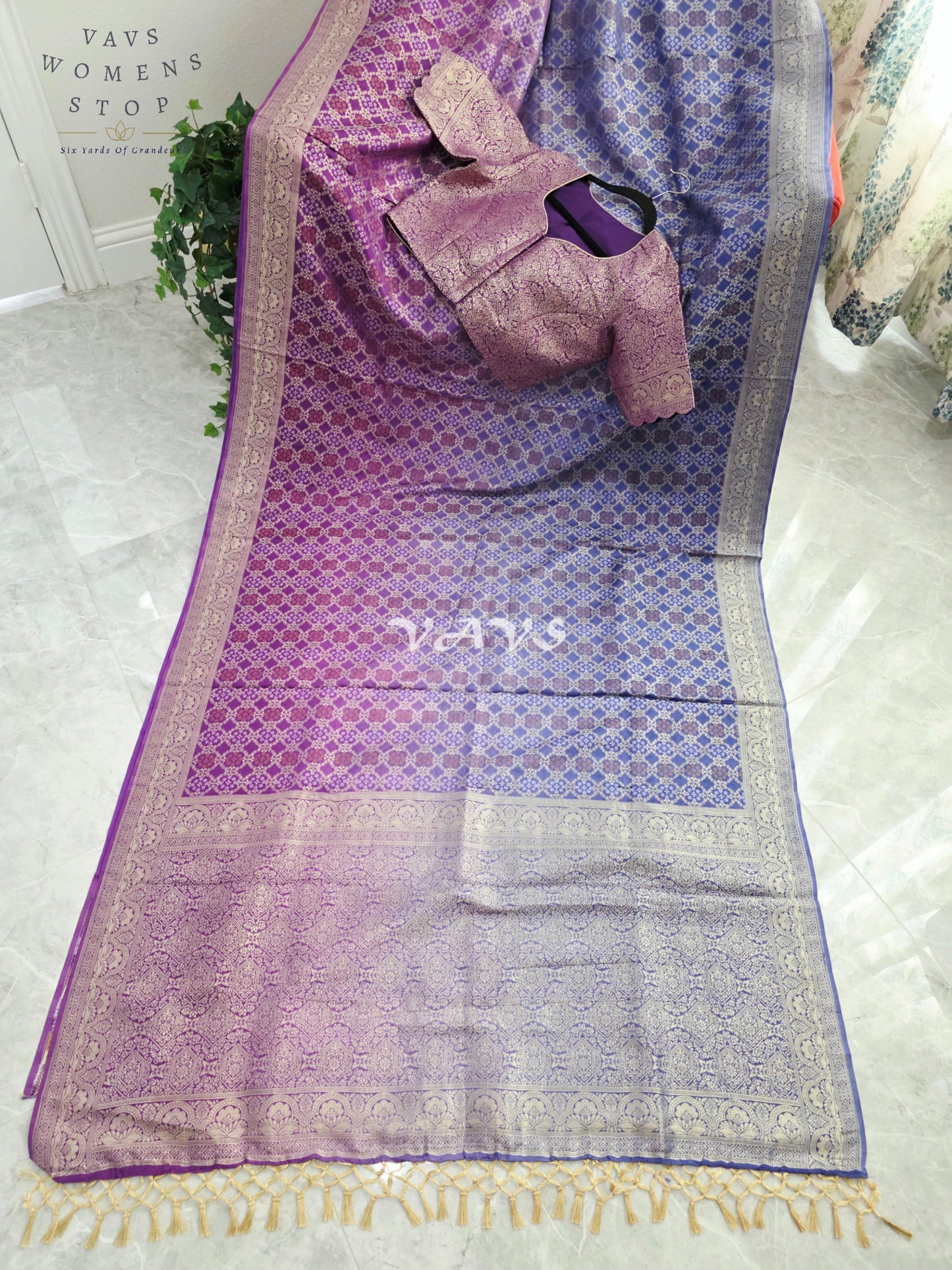 Royal Orchid Purple & Periwinkle Blue Bandhani Pattern Munga Crepe Silk Designer Saree with Stitched Blouse Size 38-44