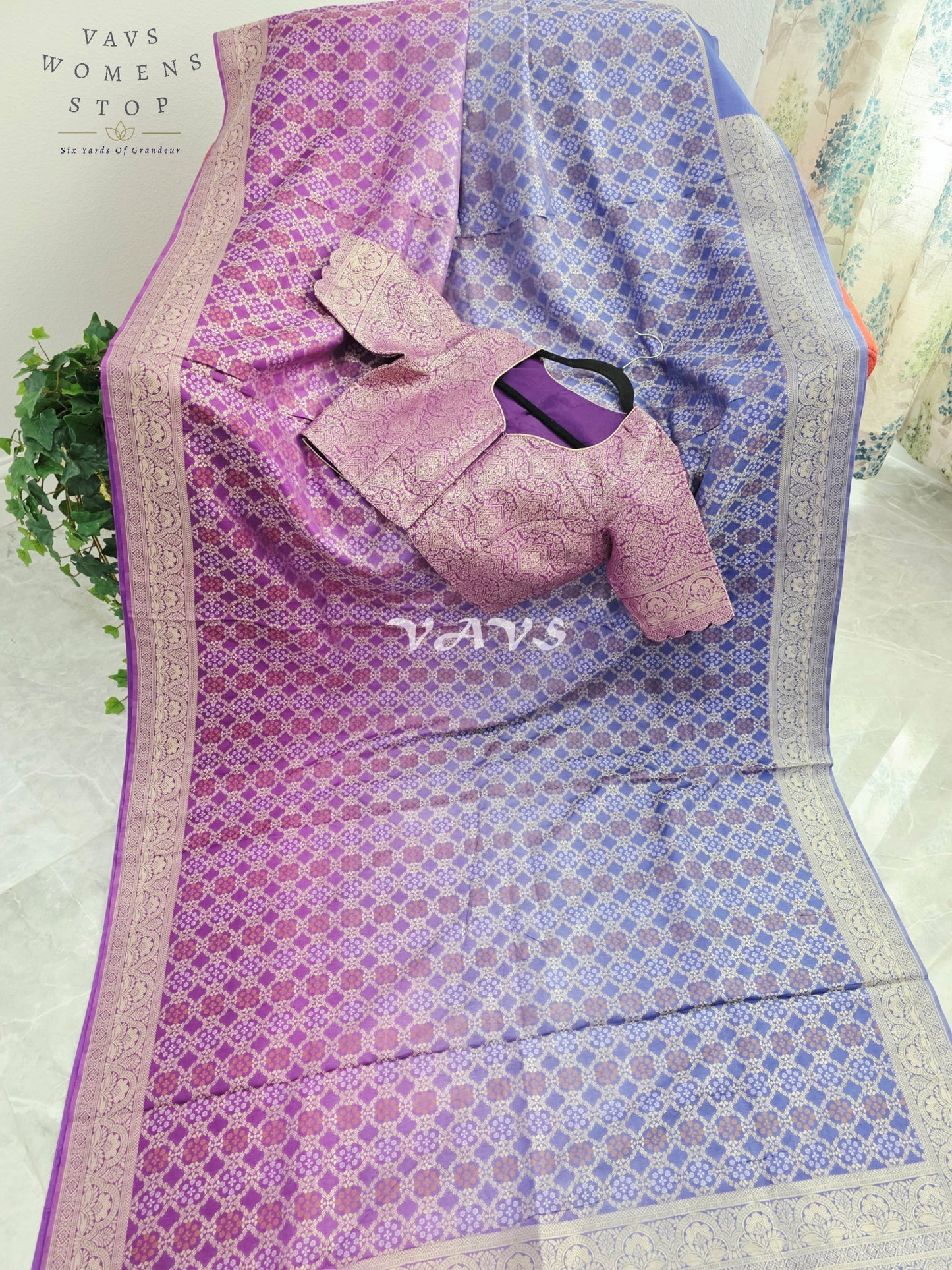 Royal Orchid Purple & Periwinkle Blue Bandhani Pattern Munga Crepe Silk Designer Saree with Stitched Blouse Size 38-44