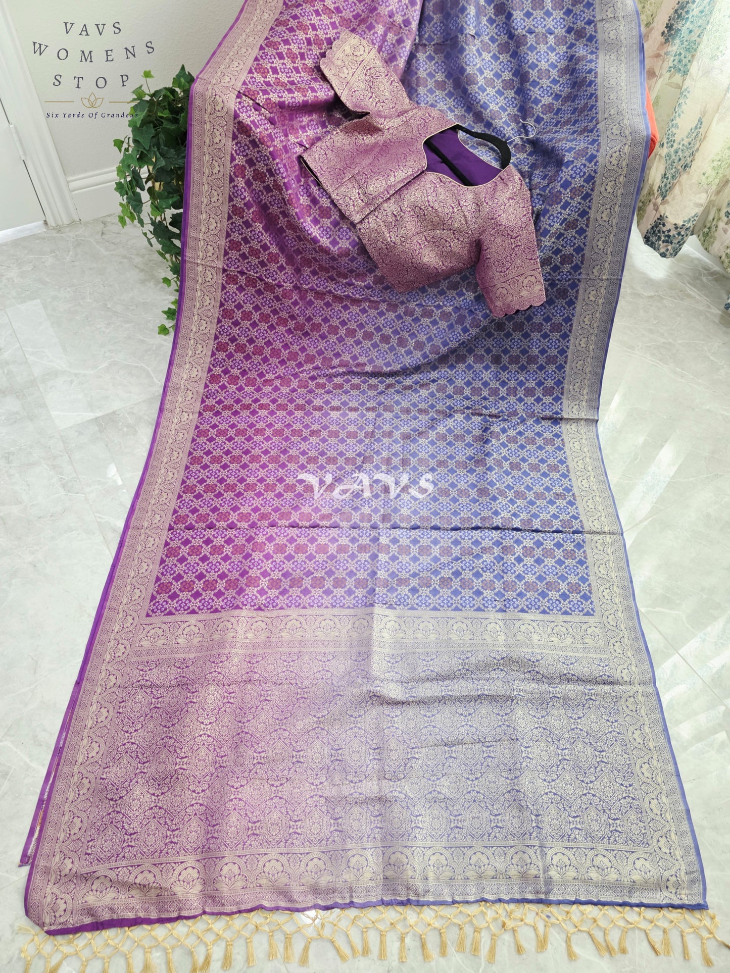 Royal Orchid Purple & Periwinkle Blue Bandhani Pattern Munga Crepe Silk Designer Saree with Stitched Blouse Size 38-44