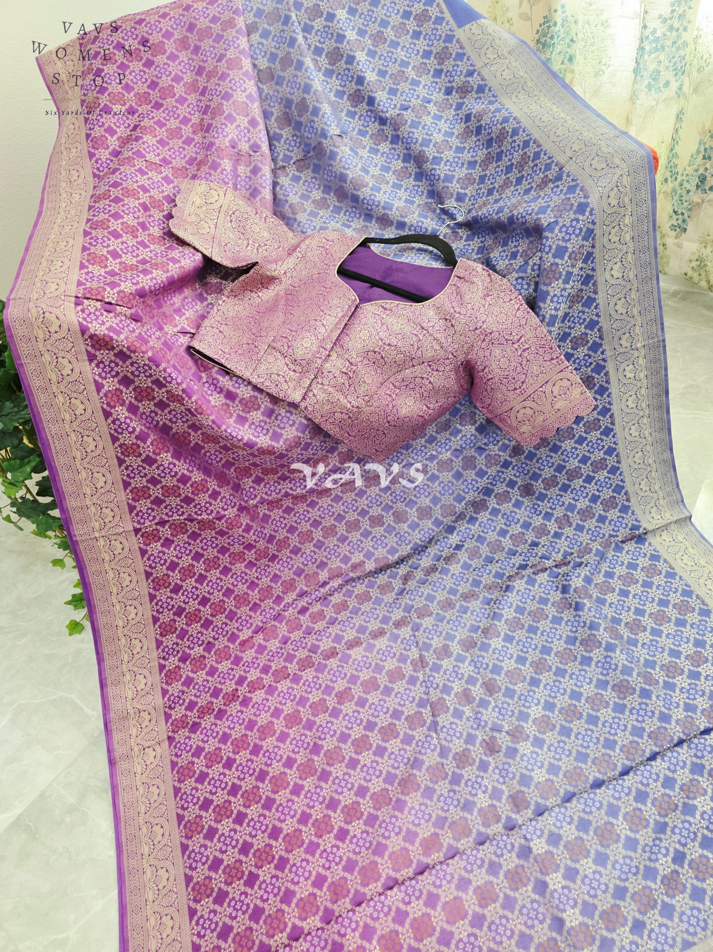 Royal Orchid Purple & Periwinkle Blue Bandhani Pattern Munga Crepe Silk Designer Saree with Stitched Blouse Size 38-44