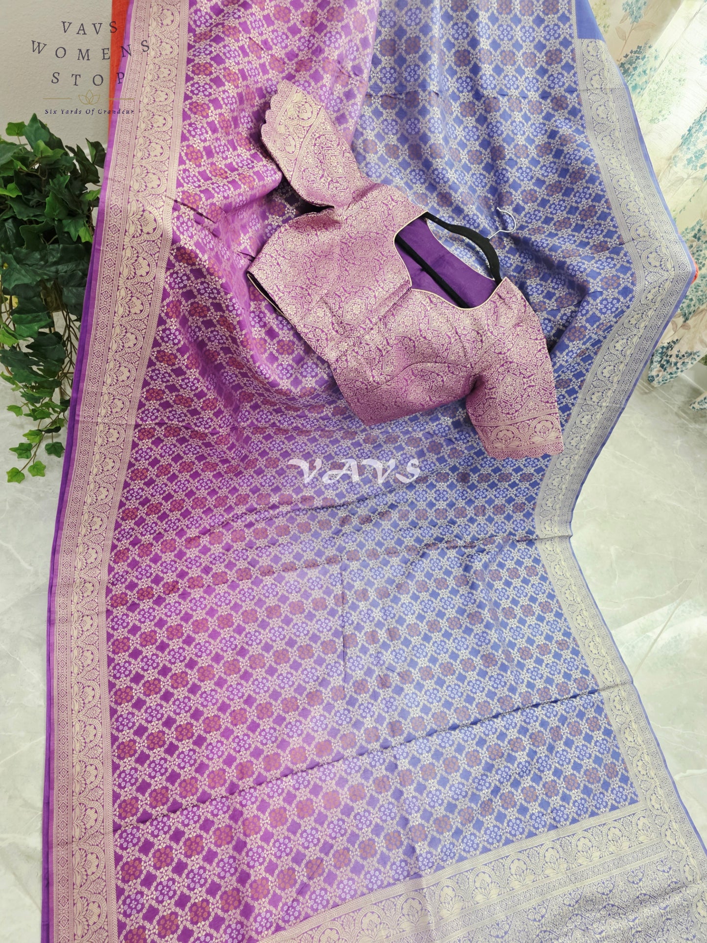 Royal Orchid Purple & Periwinkle Blue Bandhani Pattern Munga Crepe Silk Designer Saree with Stitched Blouse Size 38-44