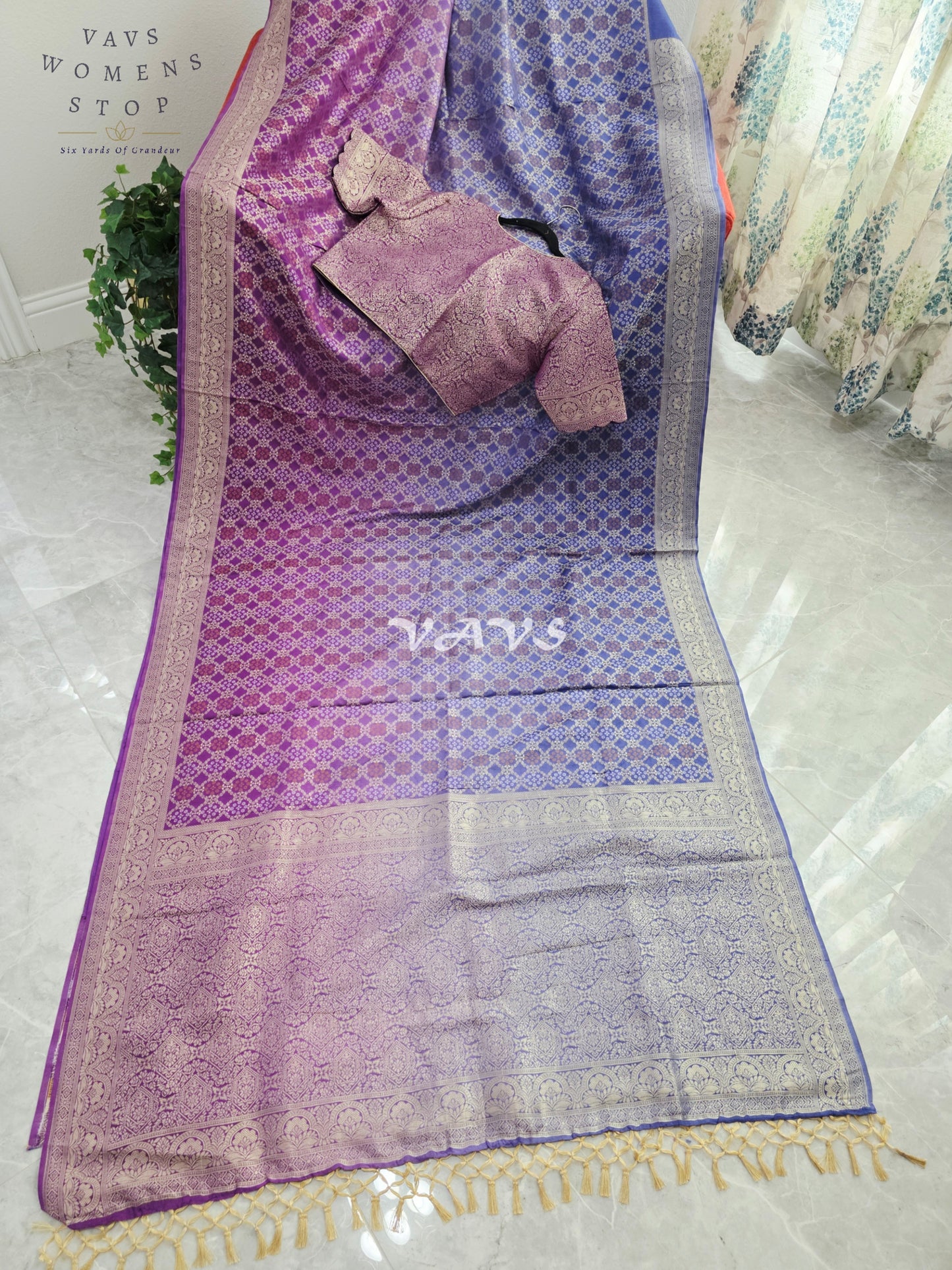 Royal Orchid Purple & Periwinkle Blue Bandhani Pattern Munga Crepe Silk Designer Saree with Stitched Blouse Size 38-44