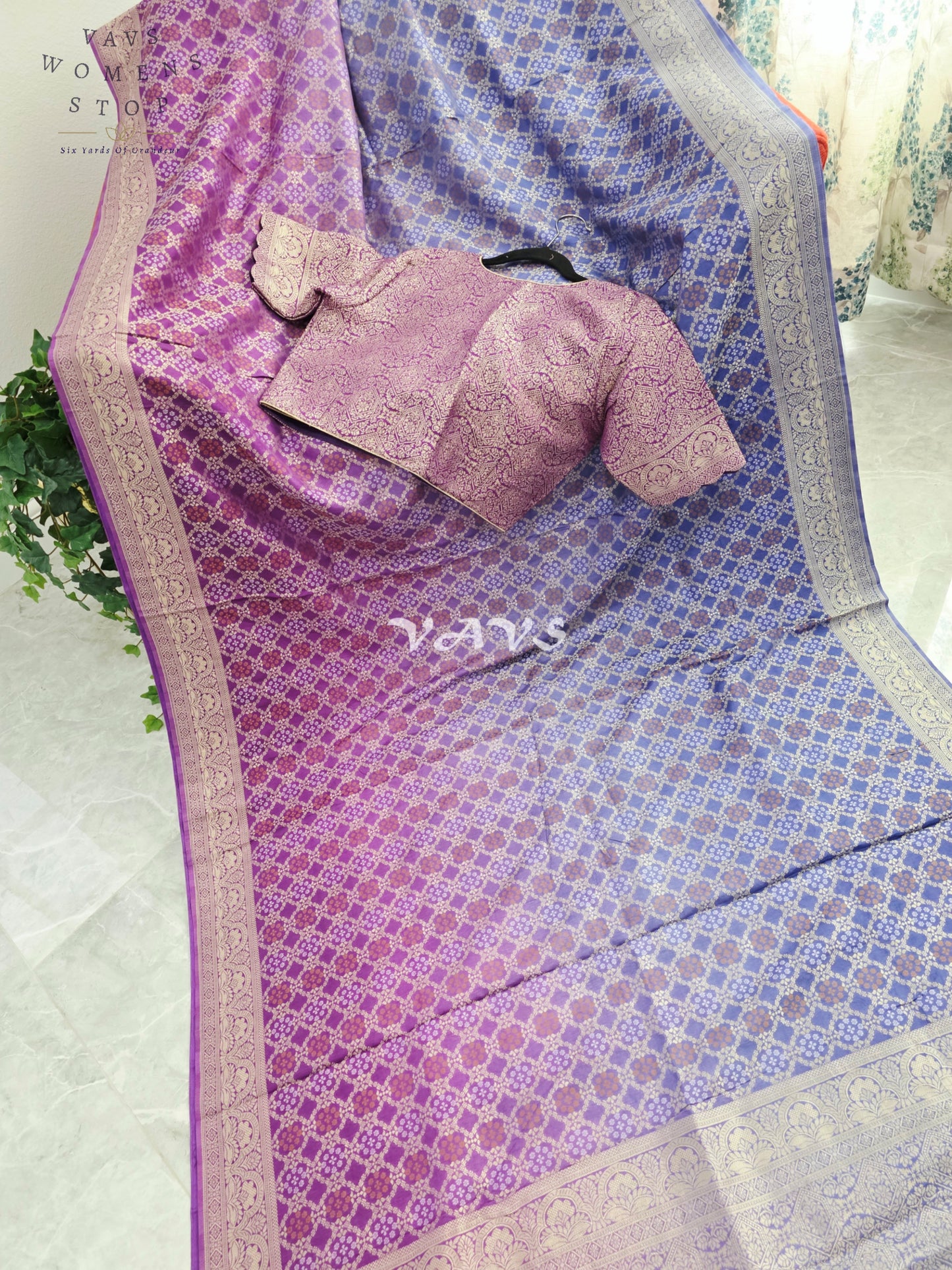 Royal Orchid Purple & Periwinkle Blue Bandhani Pattern Munga Crepe Silk Designer Saree with Stitched Blouse Size 38-44