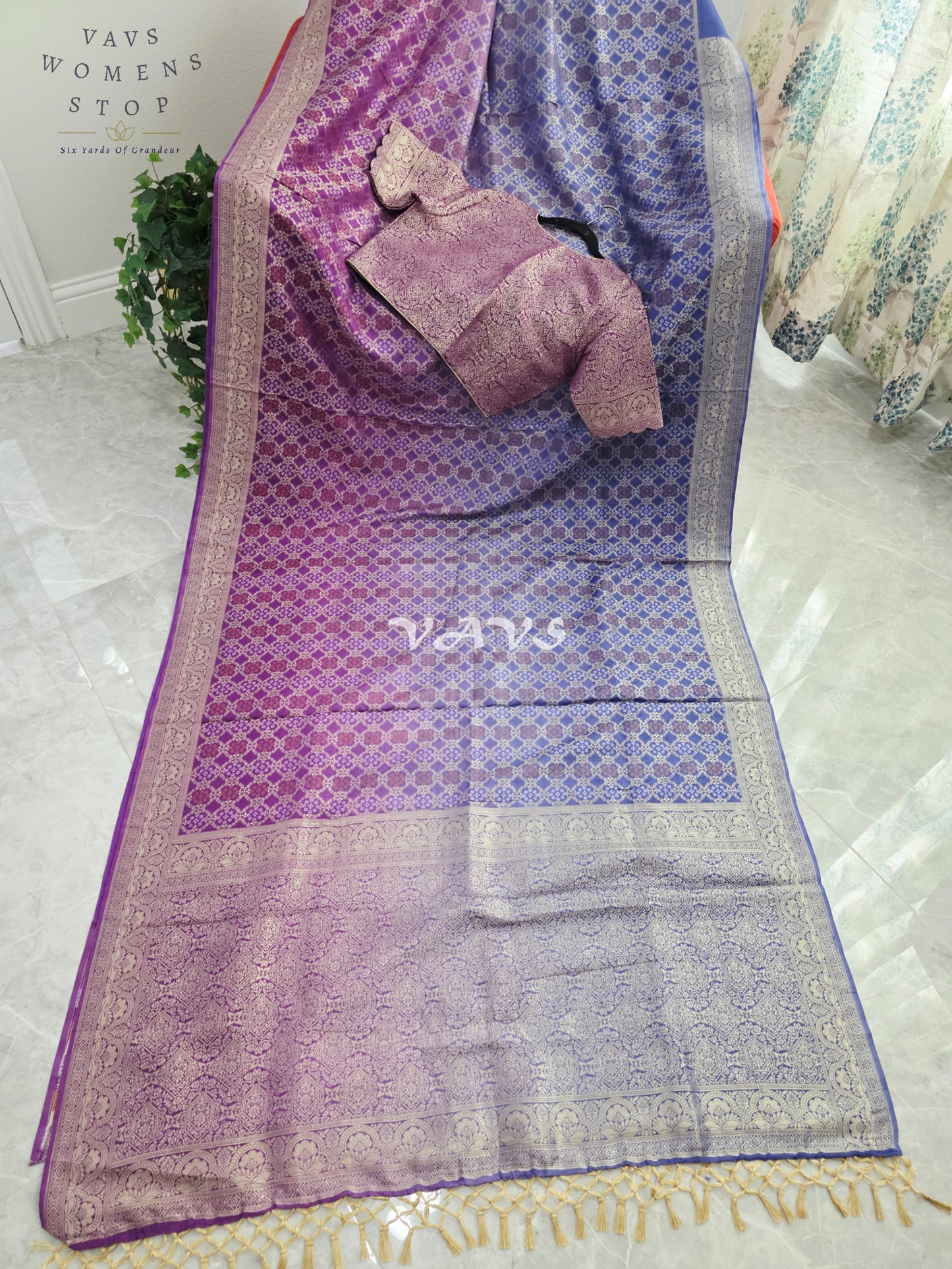 Royal Orchid Purple & Periwinkle Blue Bandhani Pattern Munga Crepe Silk Designer Saree with Stitched Blouse Size 38-44