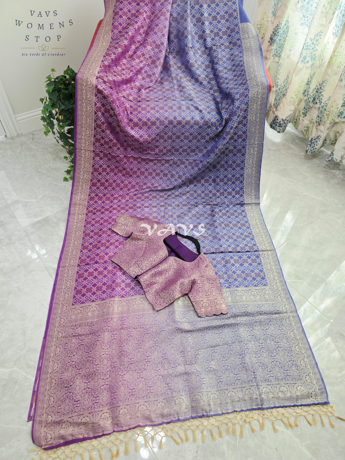 Royal Orchid Purple & Periwinkle Blue Bandhani Pattern Munga Crepe Silk Designer Saree with Stitched Blouse Size 38-44