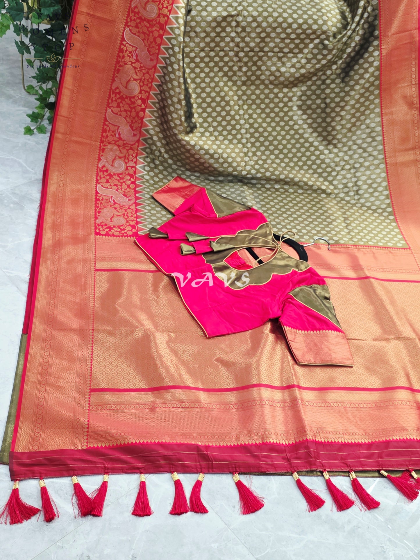 Royal Olive Bronze Semi Kanjeevaram Tissue Brocade Saree with Coral Pink Patterned Stitched Blouse Size 36–42
