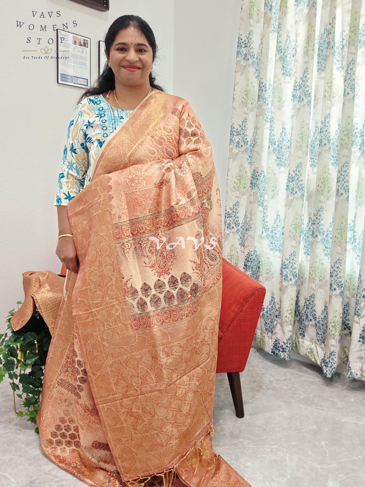 Kalamkari Print Semi Benarasi Kubera Silk Saree - Blouse