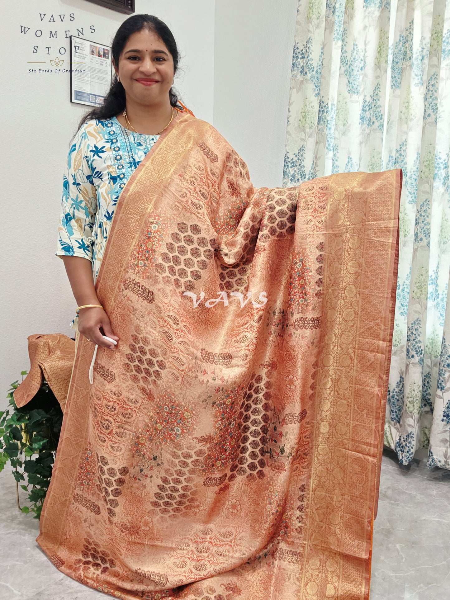 Kalamkari Print Semi Benarasi Kubera Silk Saree - Blouse