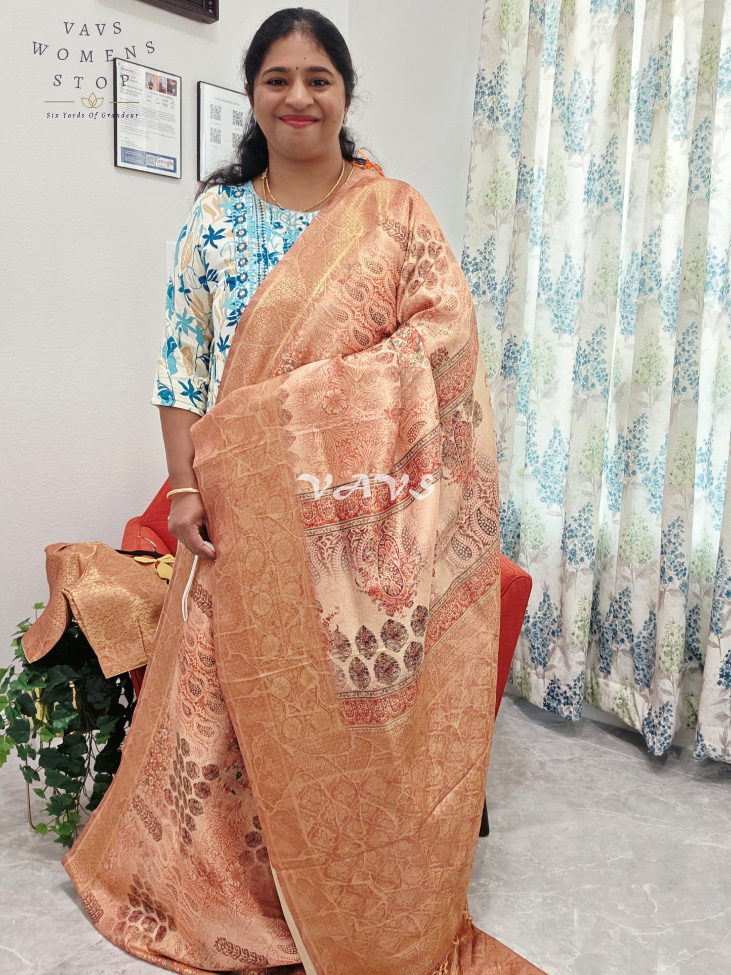 Kalamkari Print Semi Benarasi Kubera Silk Saree - Blouse