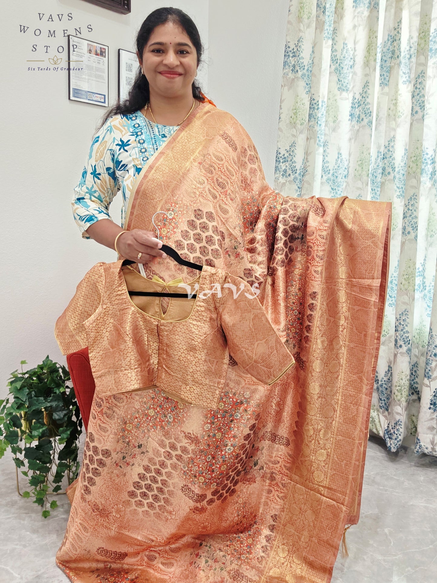 Kalamkari Print Semi Benarasi Kubera Silk Saree - Blouse