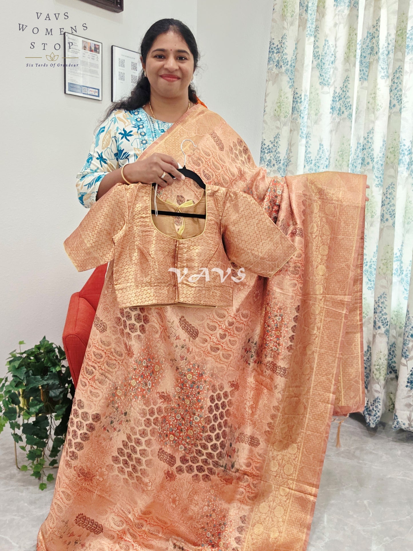 Kalamkari Print Semi Benarasi Kubera Silk Saree - Blouse