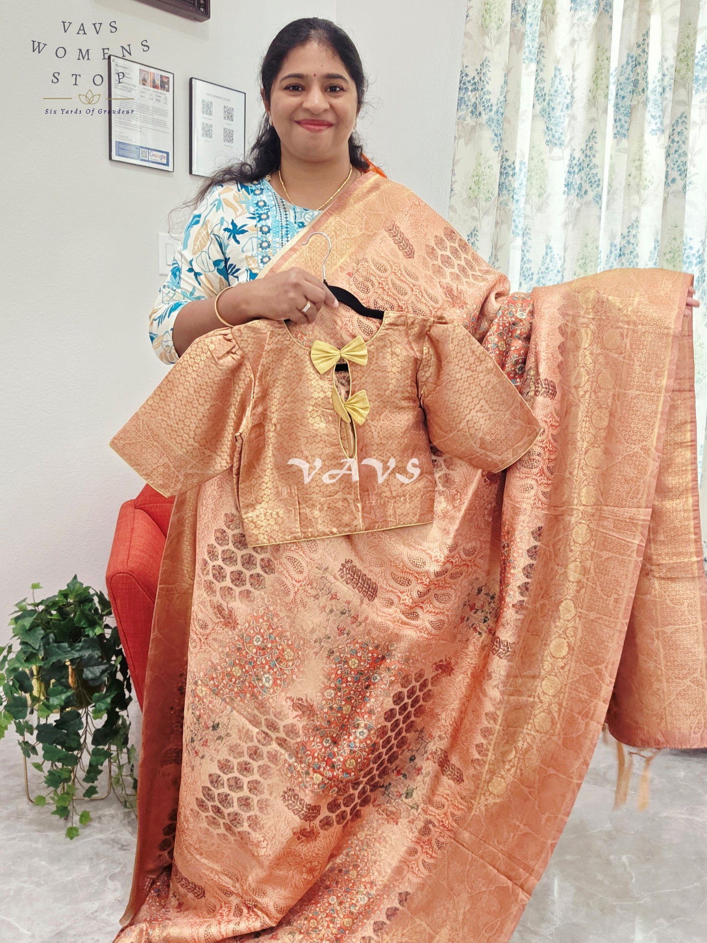 Kalamkari Print Semi Benarasi Kubera Silk Saree - Blouse