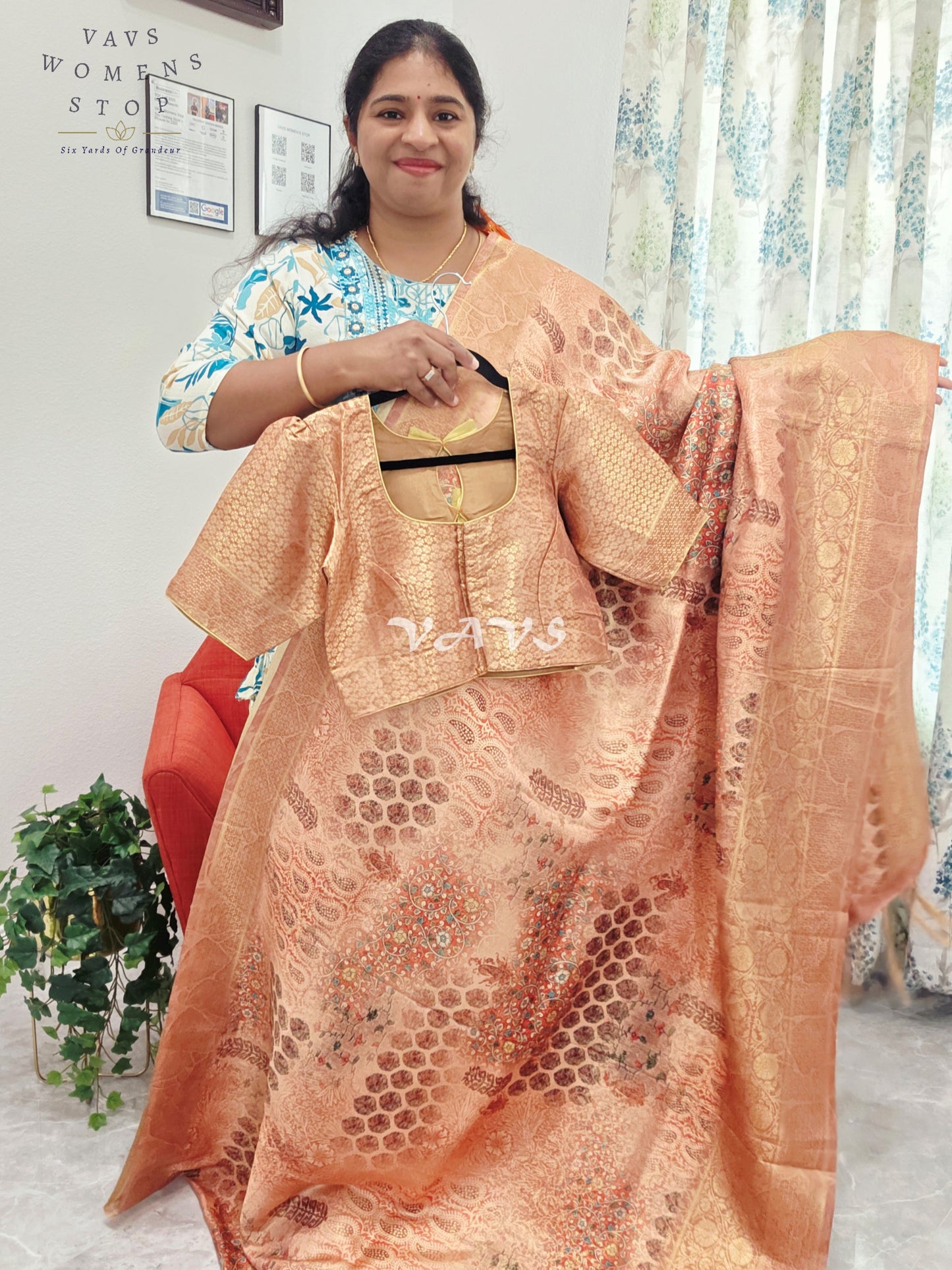 Kalamkari Print Semi Benarasi Kubera Silk Saree - Blouse