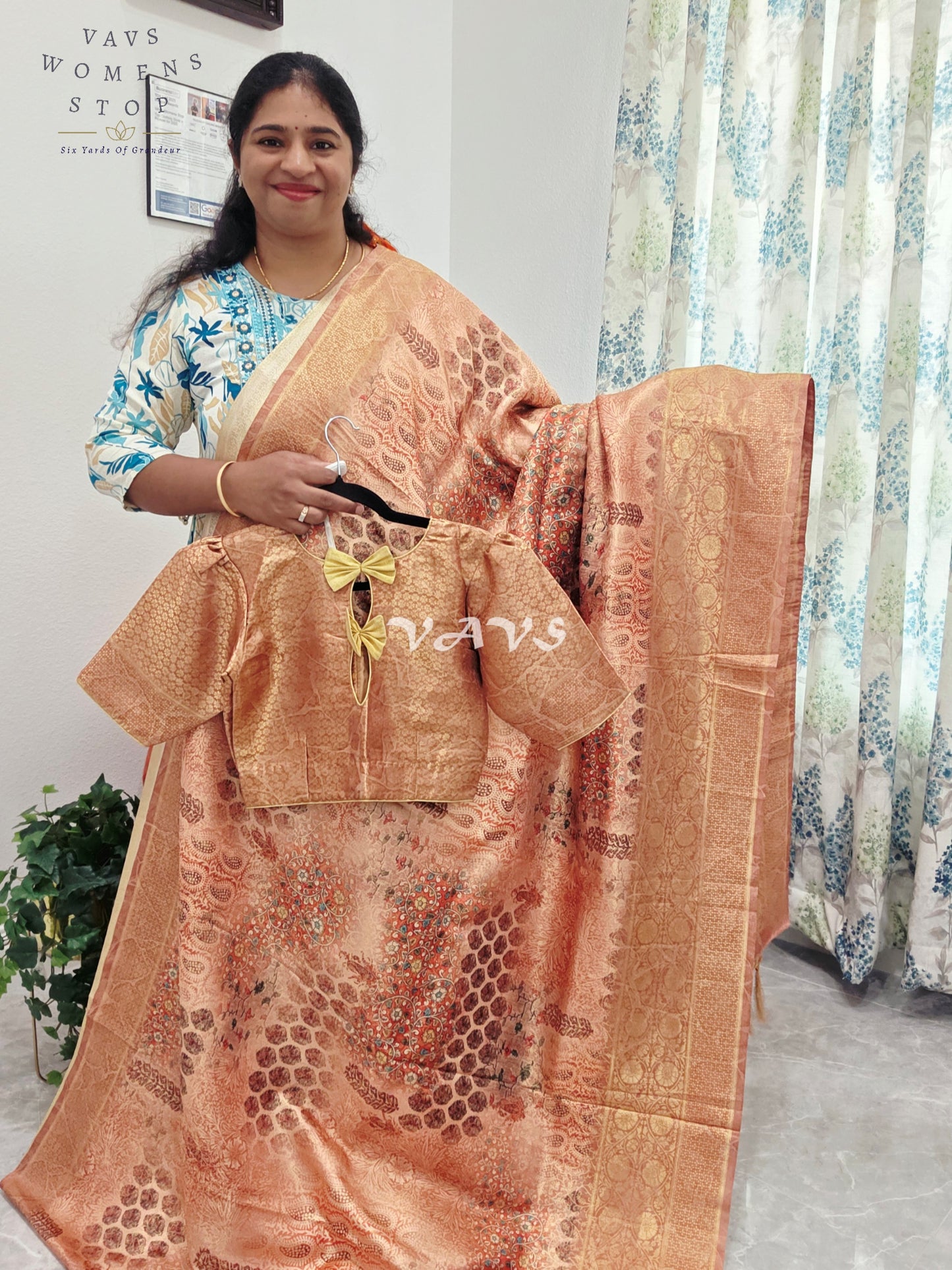 Kalamkari Print Semi Benarasi Kubera Silk Saree - Blouse