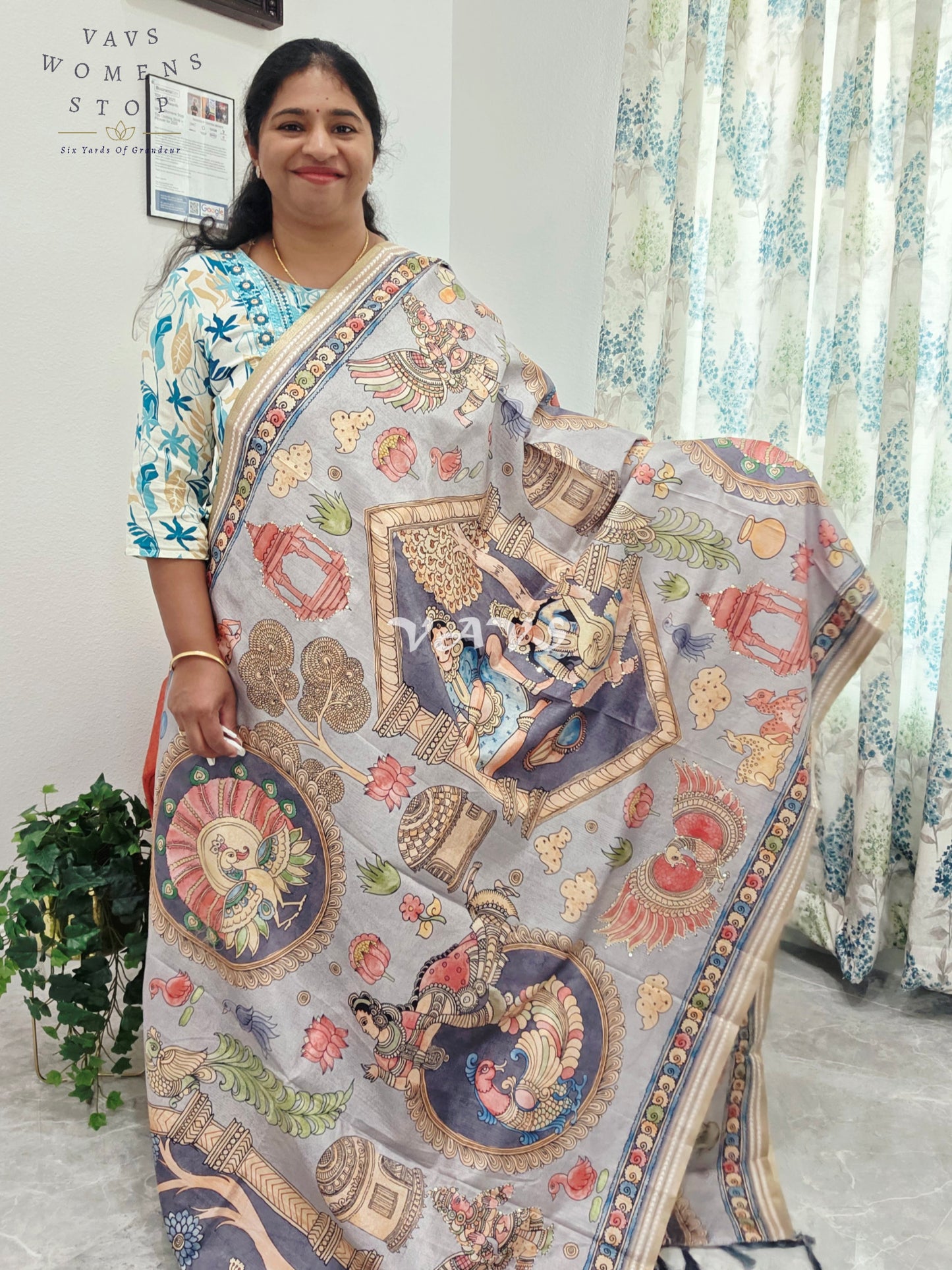 Kalamkari Print Outline Embroidery Lightweight Semi Tussar Silk Saree | Elegant Traditional Wear |
