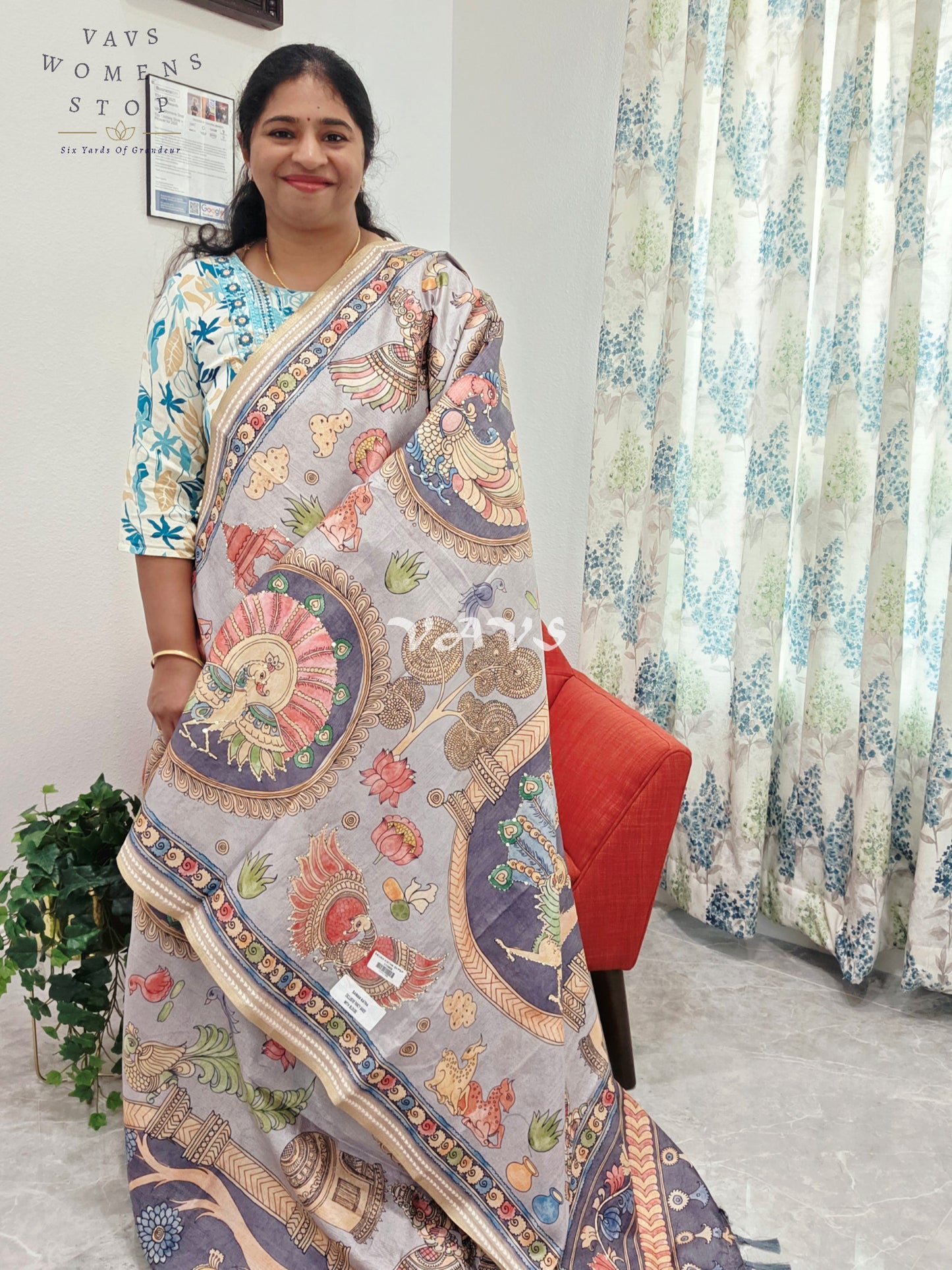 Kalamkari Print Outline Embroidery Lightweight Semi Tussar Silk Saree | Elegant Traditional Wear |