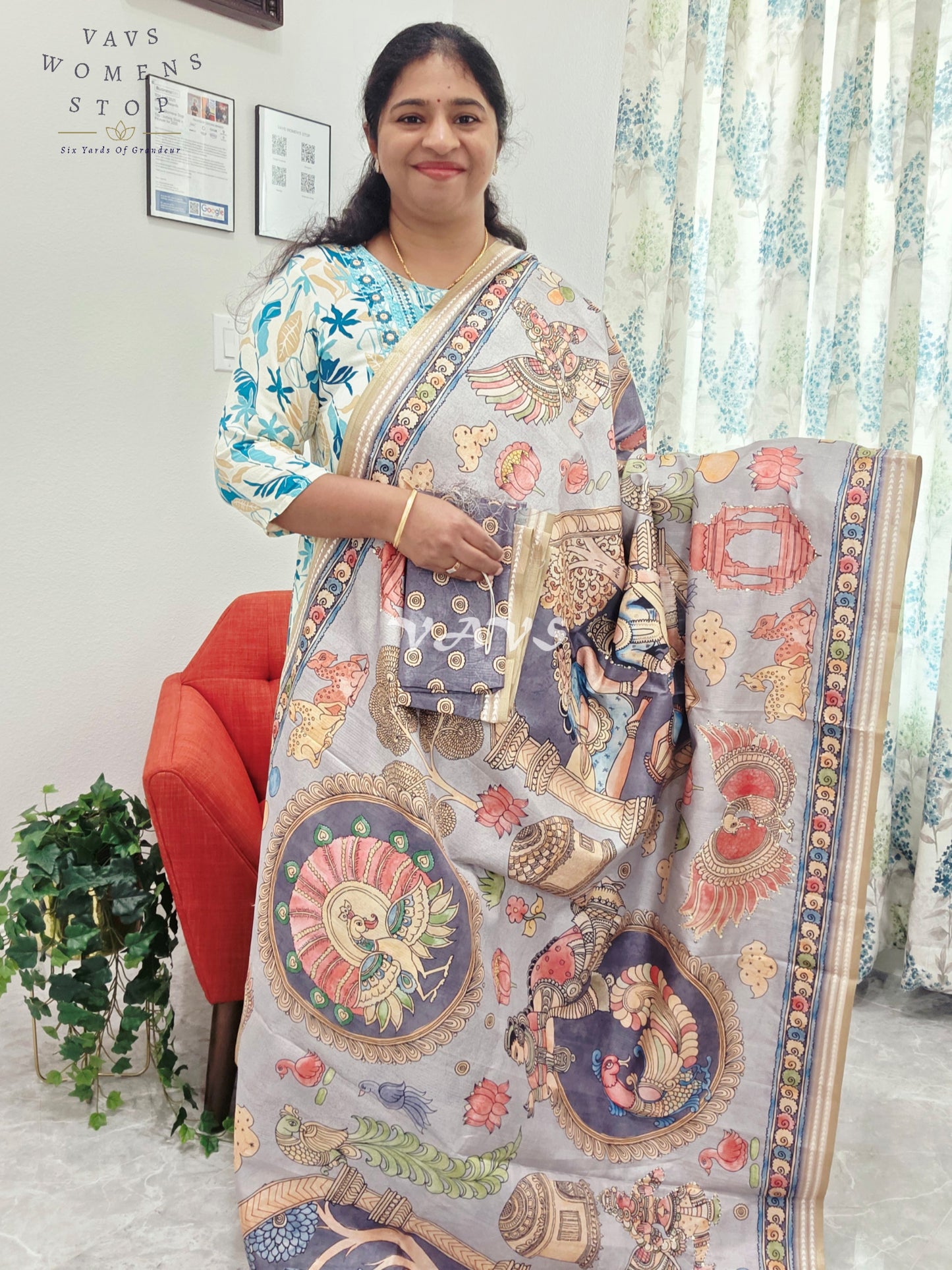 Kalamkari Print Outline Embroidery Lightweight Semi Tussar Silk Saree | Elegant Traditional Wear |