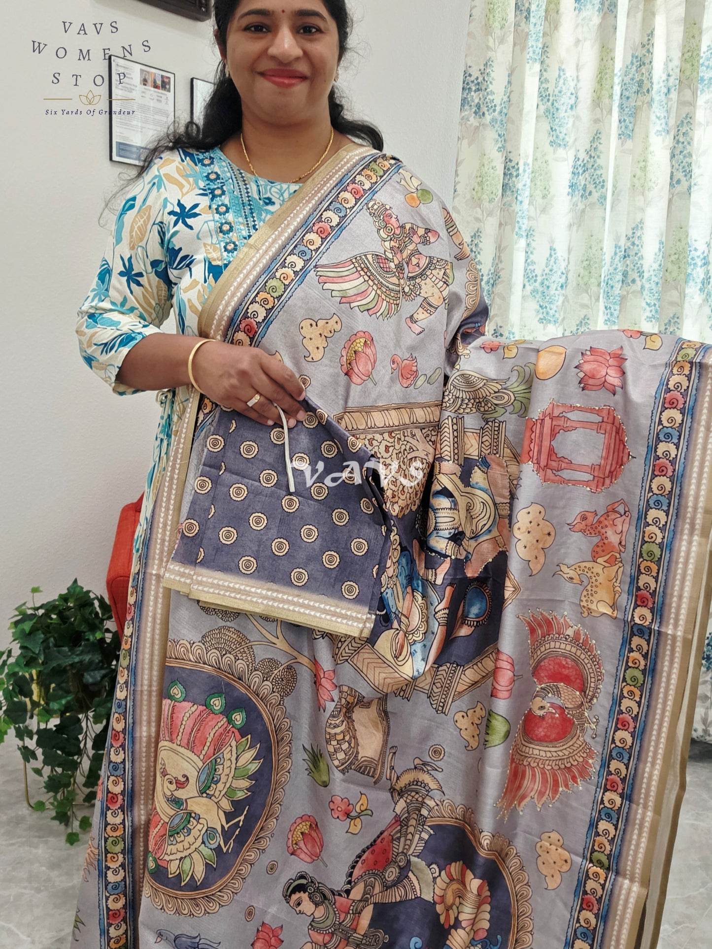 Kalamkari Print Outline Embroidery Lightweight Semi Tussar Silk Saree | Elegant Traditional Wear |