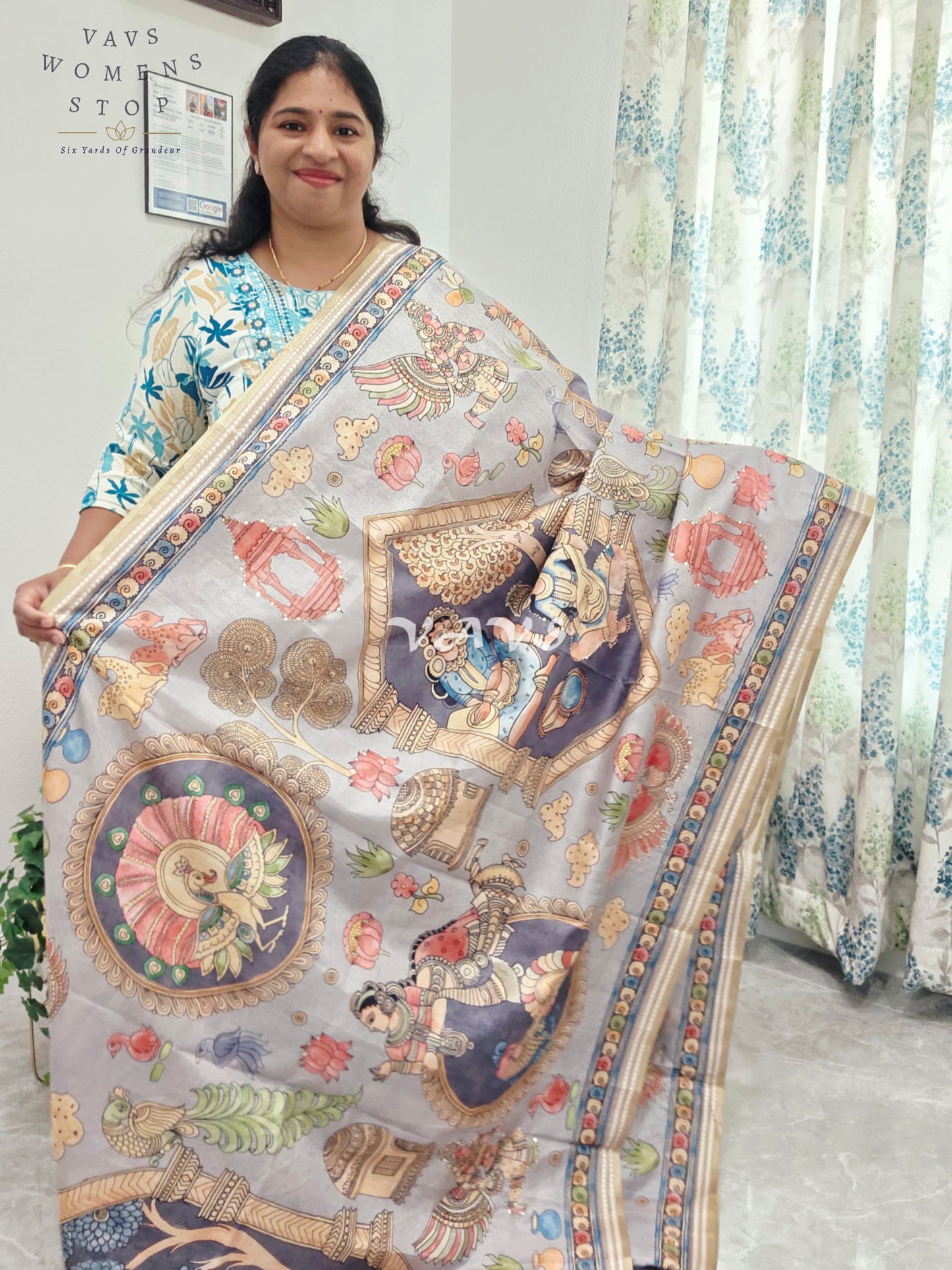 Kalamkari Print Outline Embroidery Lightweight Semi Tussar Silk Saree | Elegant Traditional Wear |