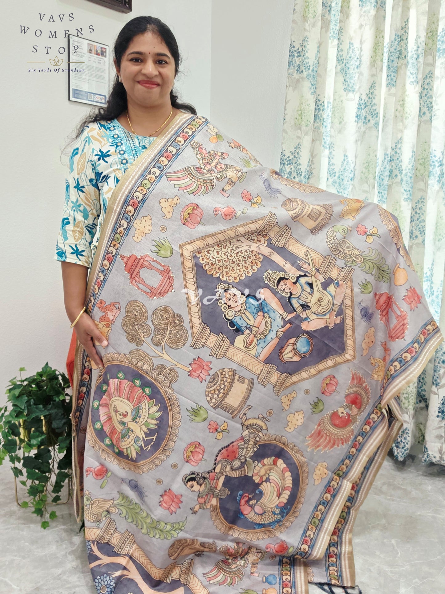 Kalamkari Print Outline Embroidery Lightweight Semi Tussar Silk Saree | Elegant Traditional Wear |