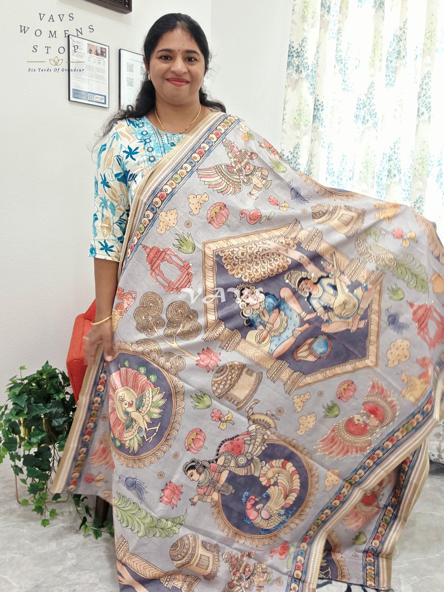 Kalamkari Print Outline Embroidery Lightweight Semi Tussar Silk Saree | Elegant Traditional Wear |