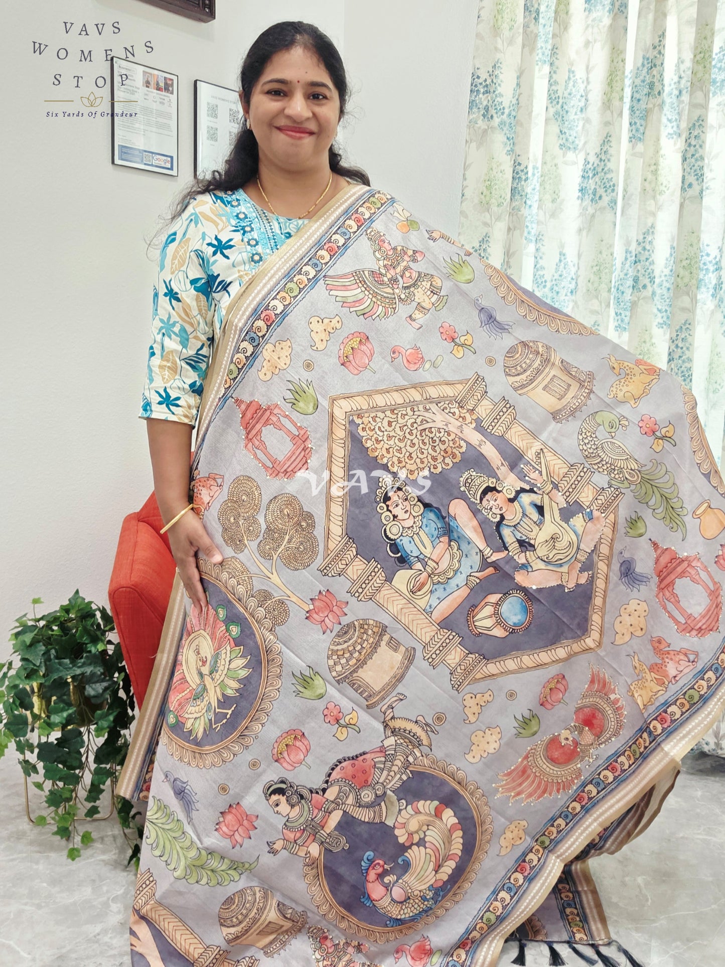 Kalamkari Print Outline Embroidery Lightweight Semi Tussar Silk Saree | Elegant Traditional Wear |