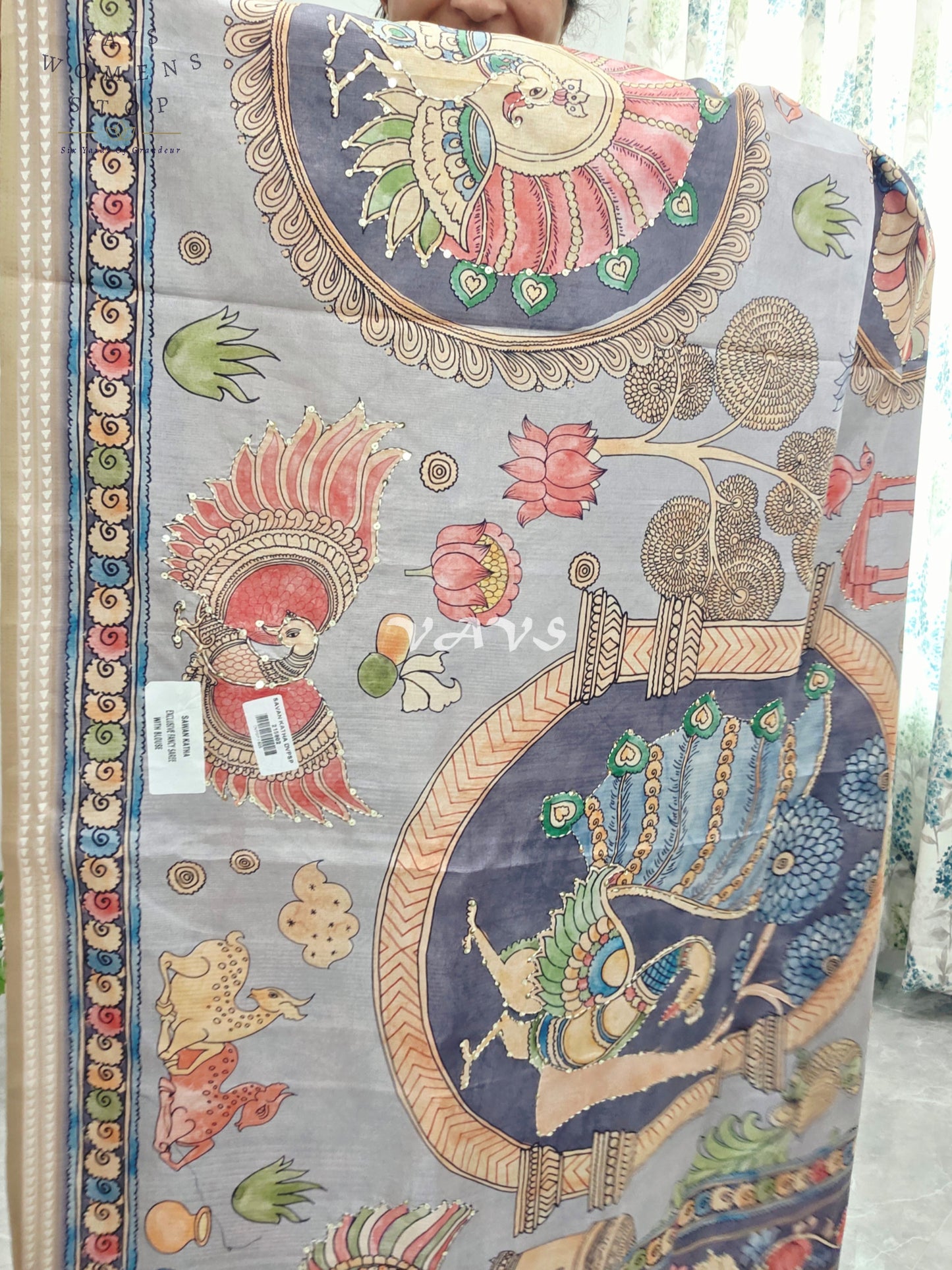 Kalamkari Print Outline Embroidery Lightweight Semi Tussar Silk Saree | Elegant Traditional Wear |